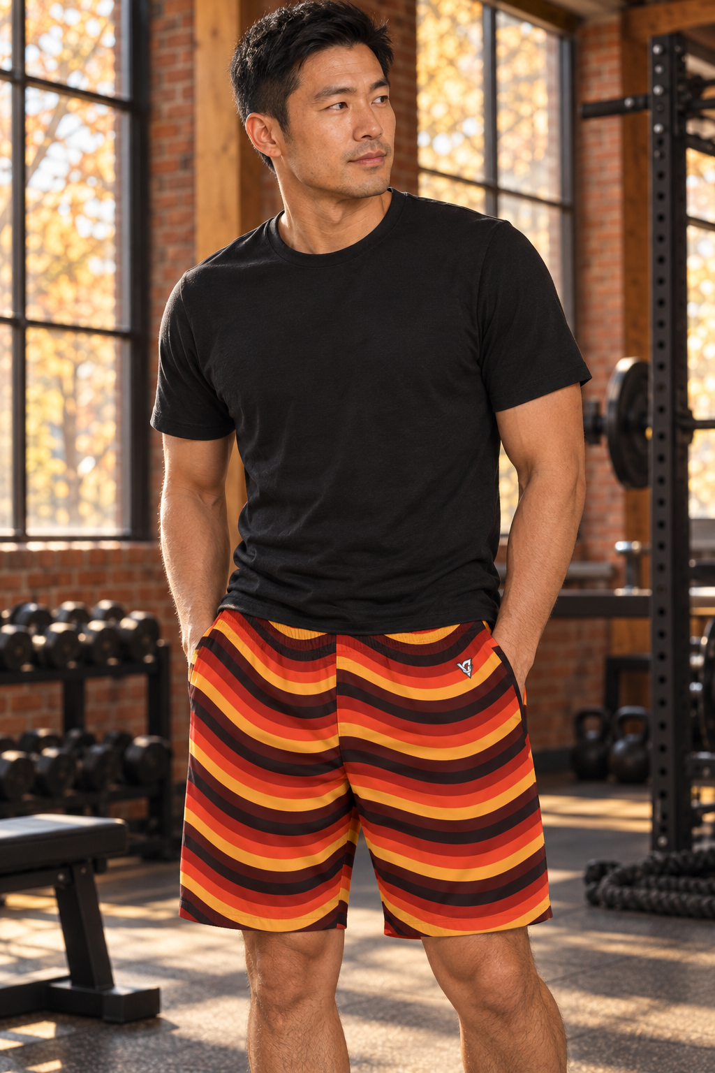 Maple Wave men's athletic jogger shorts worn on a model