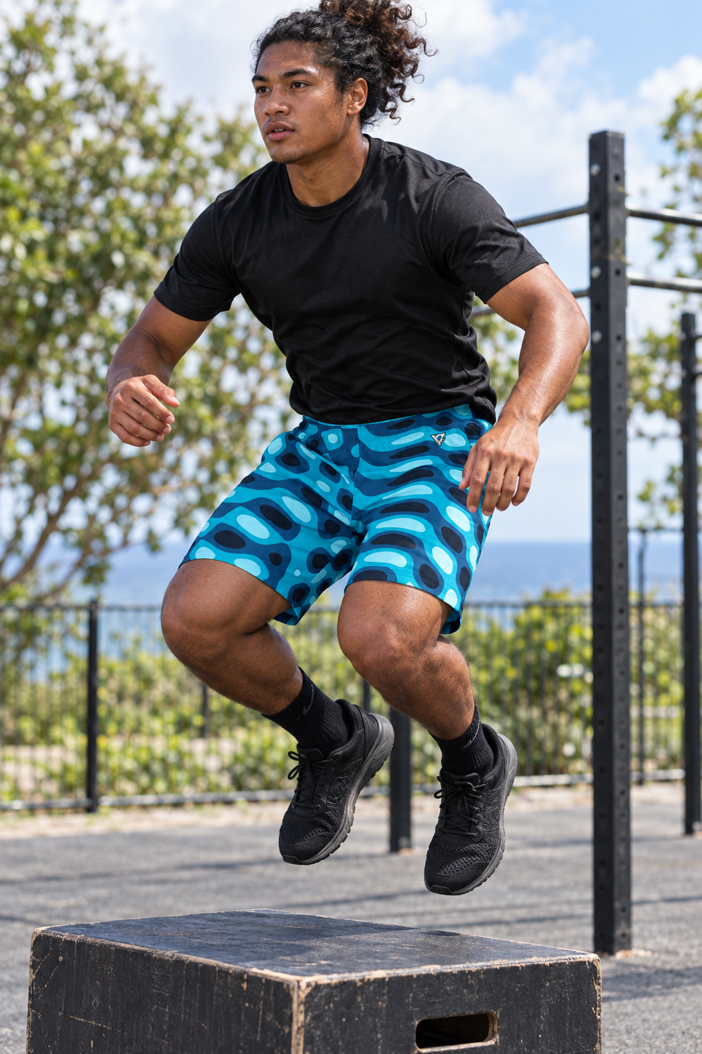 Ocean Ripple men's athletic jogger shorts worn on a model