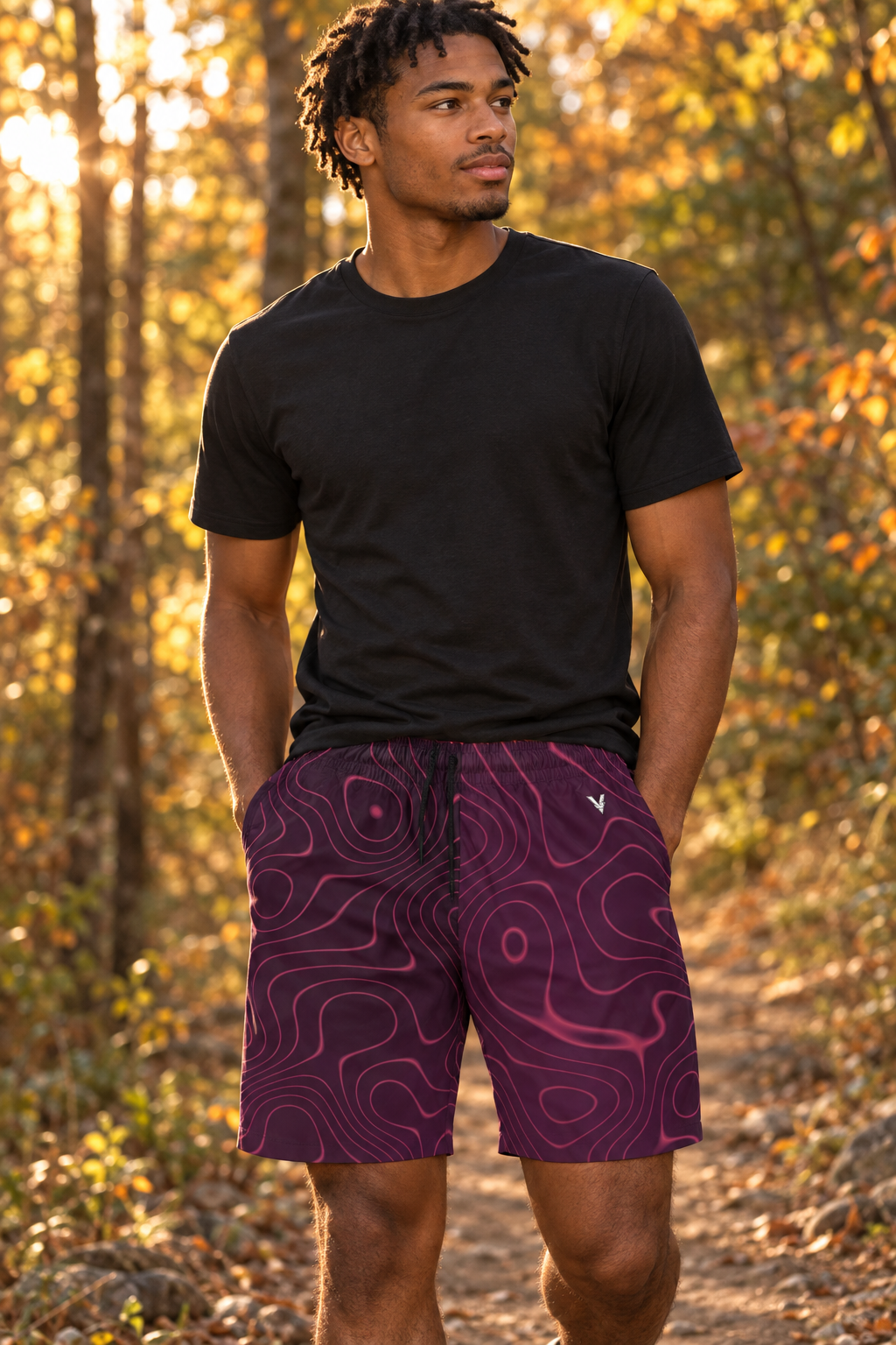Plum Spice Topo men's athletic jogger shorts worn on a model