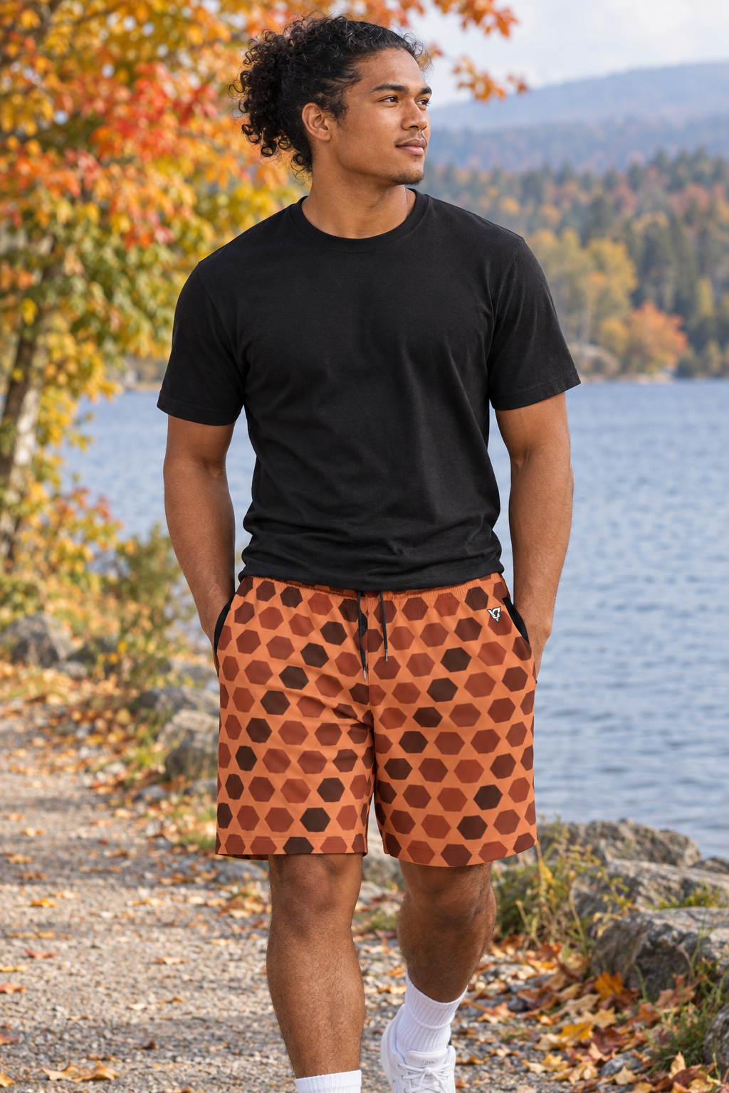 Terracotta Hex Grid men's athletic jogger shorts worn on a model