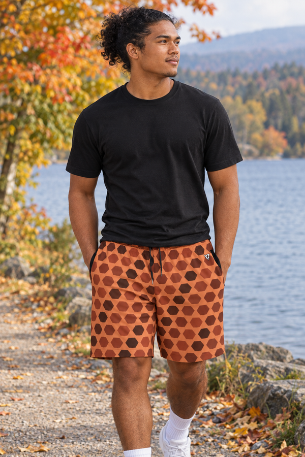 Men's Terracotta Hex Grid Performance Jogger Athletic Shorts with Pockets