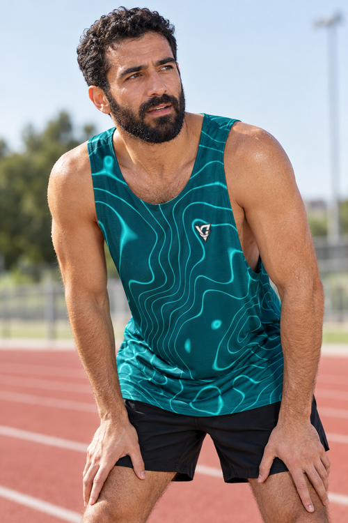 Aqua Topo men's loose athletic tank top worn on a model