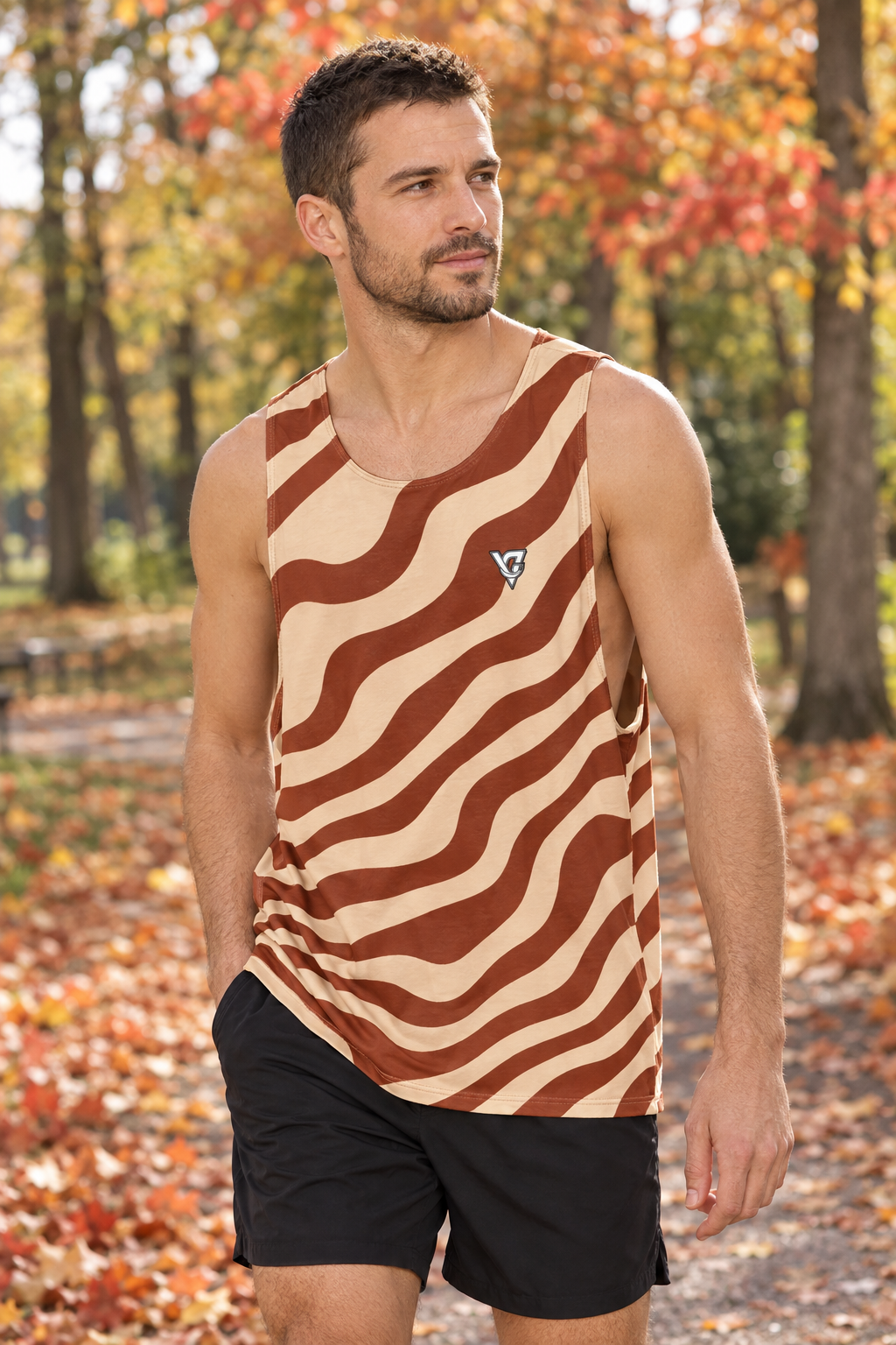 Cinnamon Zebra men's loose athletic tank top worn on a model