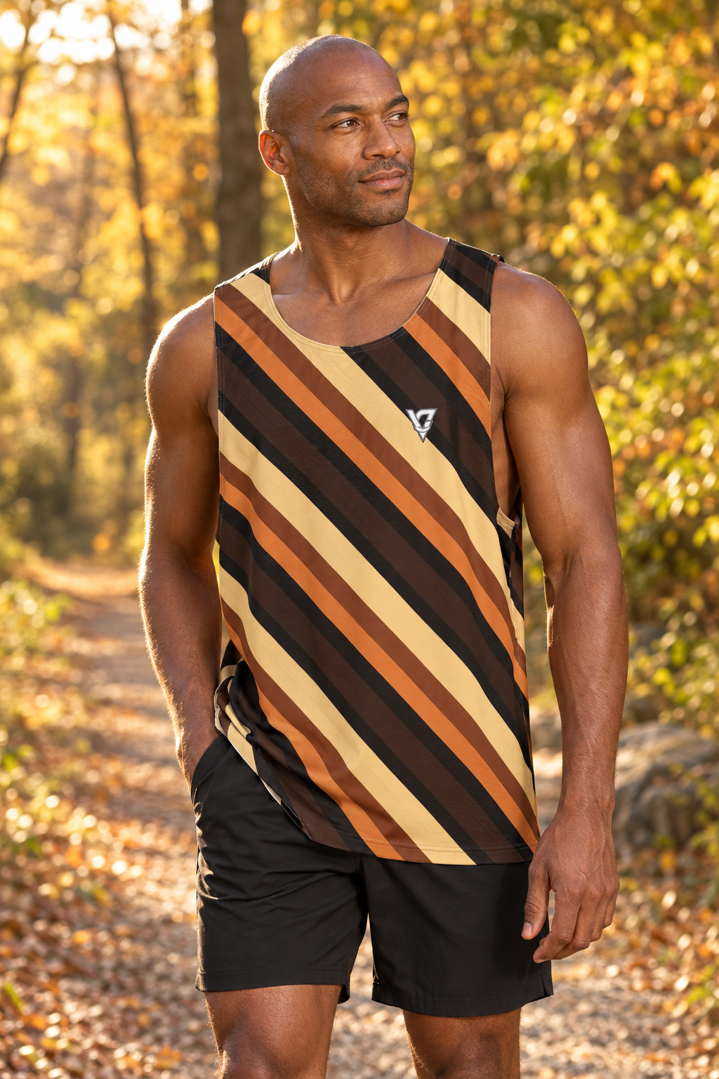 Copper Stripe men's loose athletic tank top worn on a model