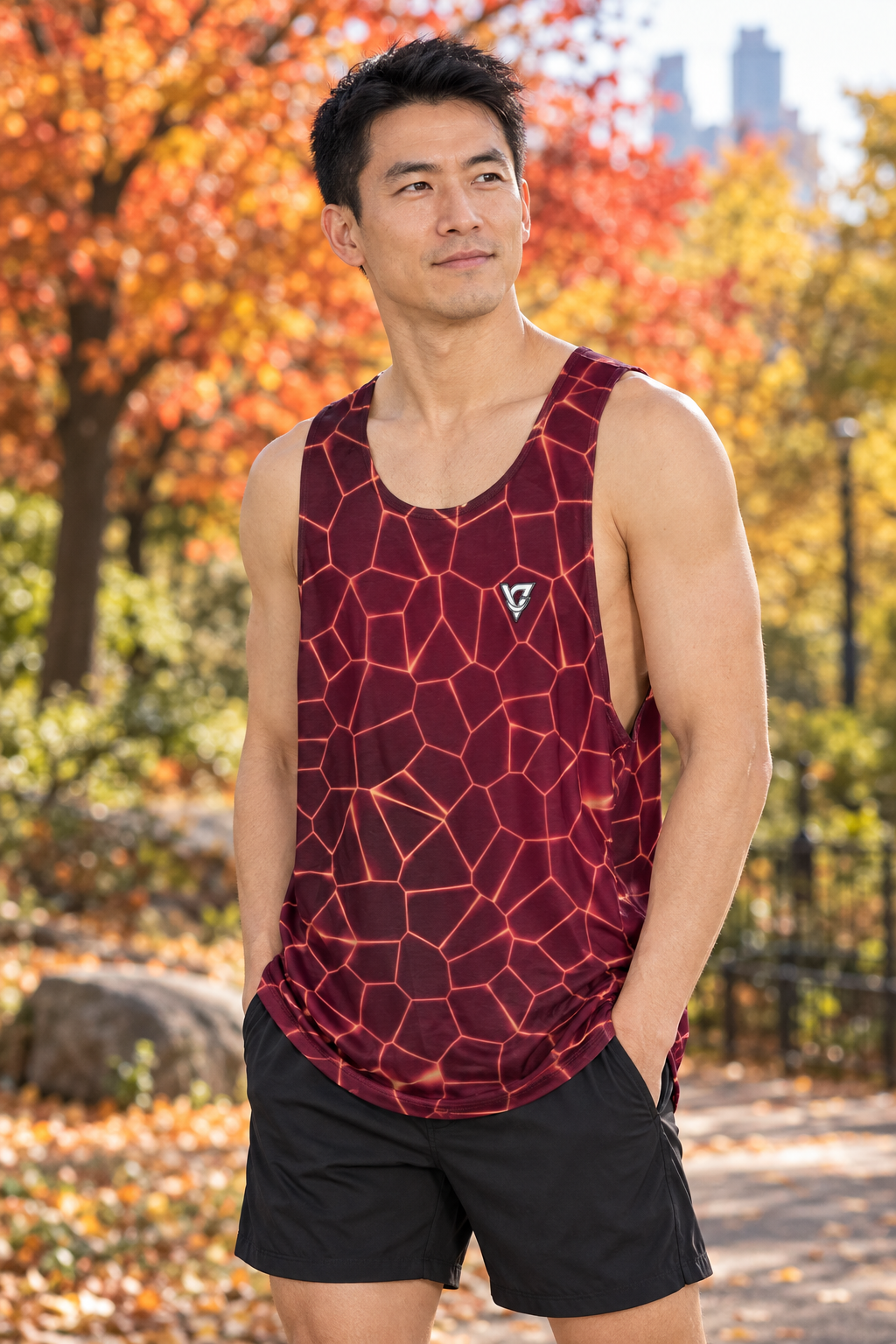 Cranberry Rift men's loose athletic tank top worn on a model