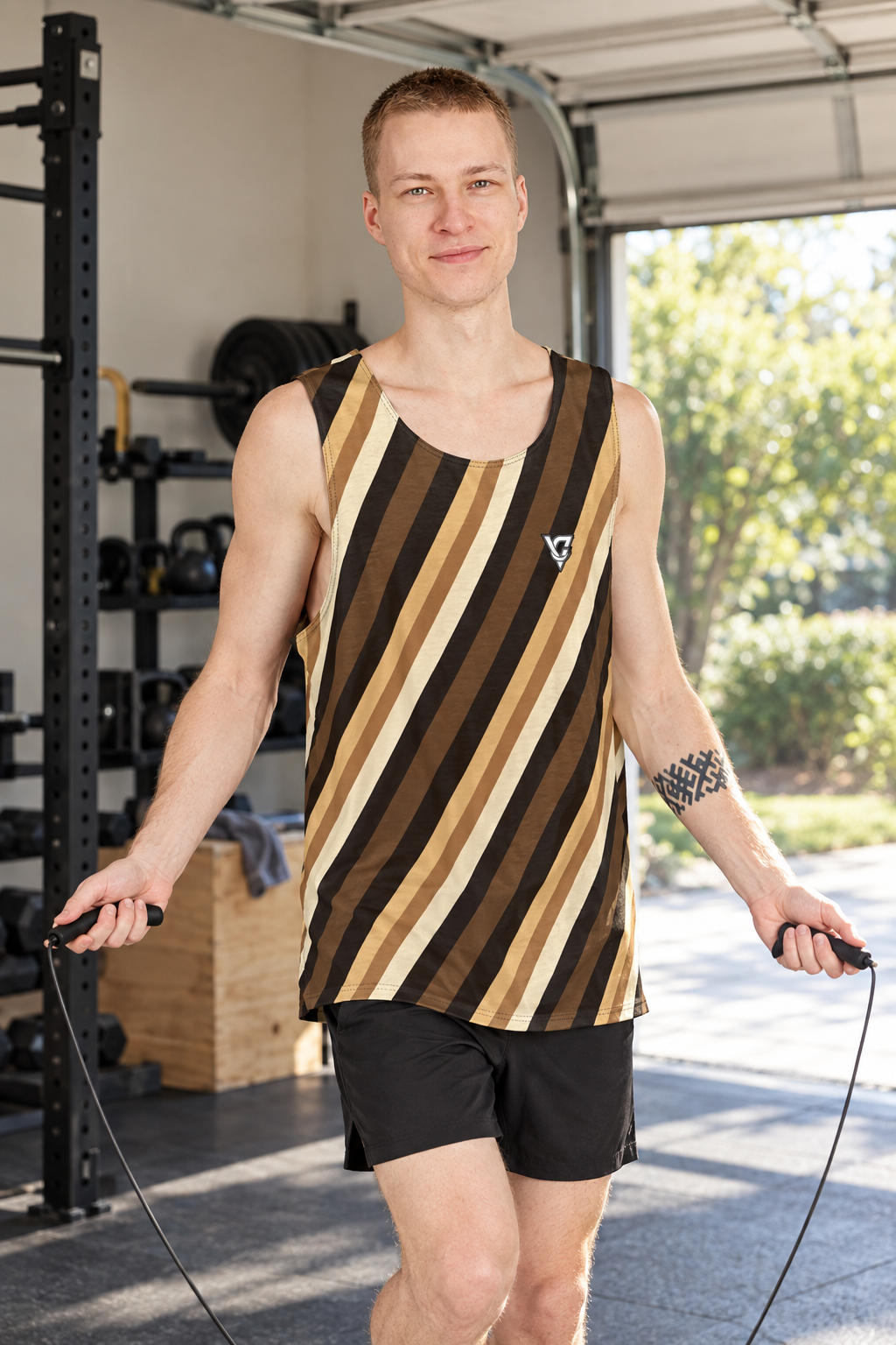 Desert Stripe men's loose athletic tank top worn on a model