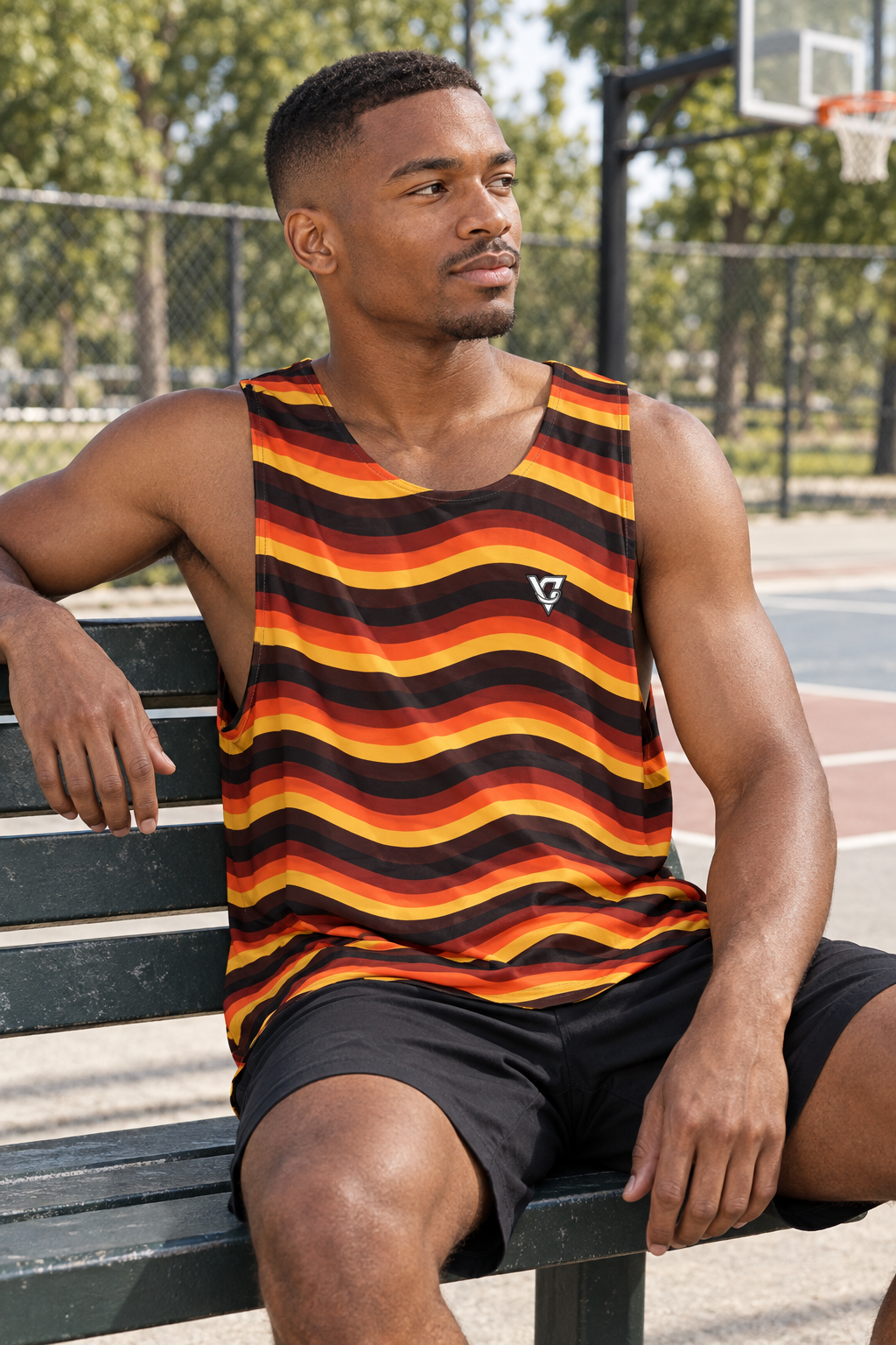 Ember Wave men's loose athletic tank top worn on a model