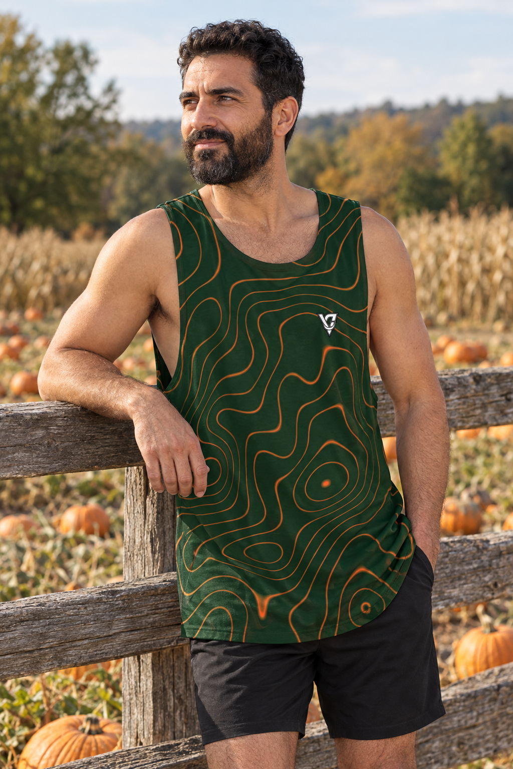 Evergreen Ember Topo men's loose athletic tank top worn on a model