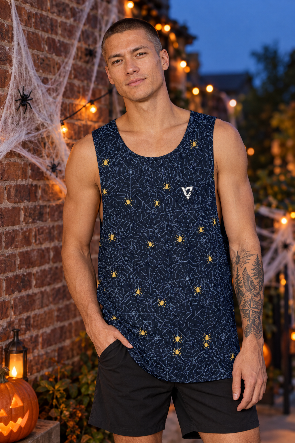 Halloween Ghostly Night Spiderweb men's loose athletic tank top worn on a model