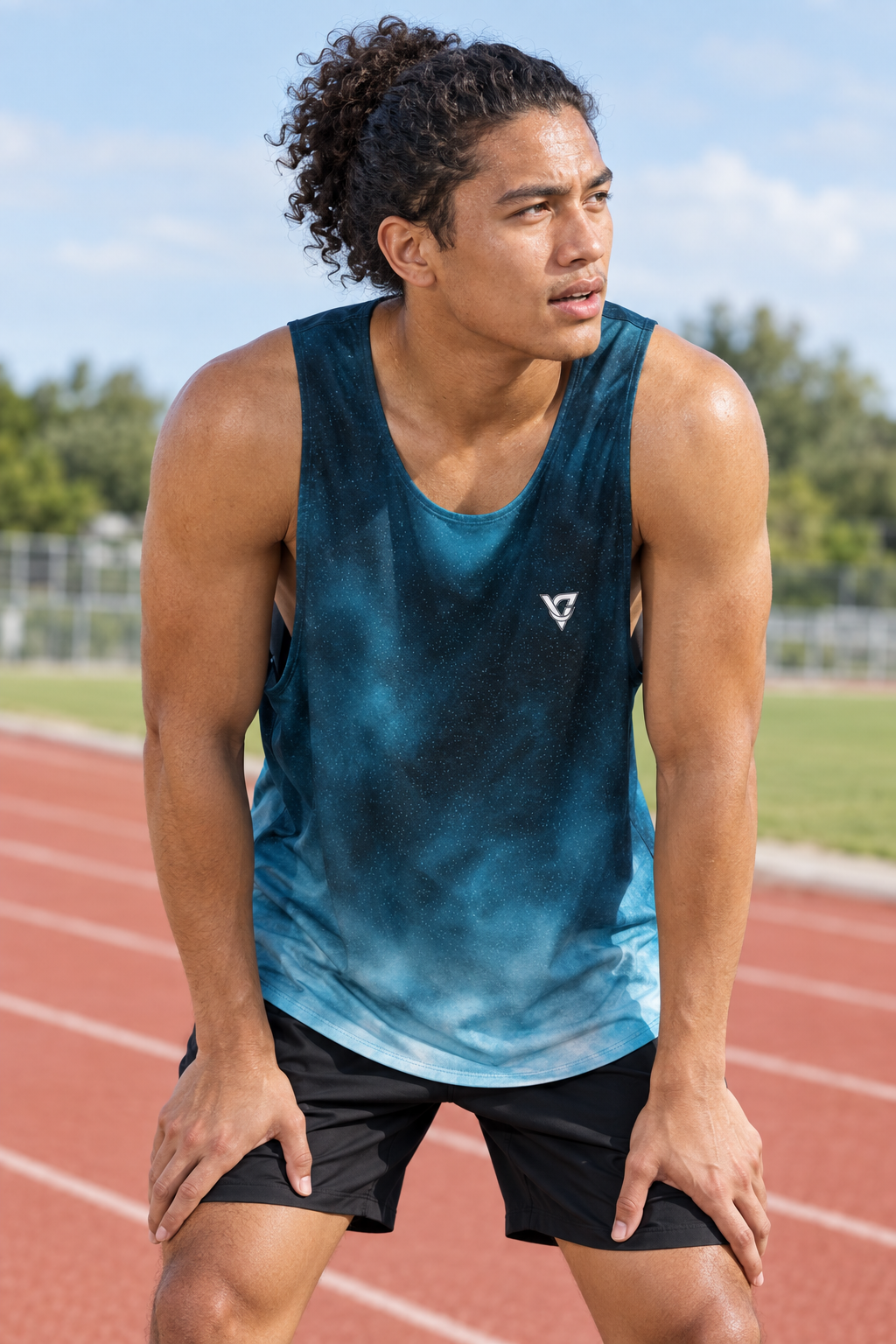 Glacier Galaxy men's loose athletic tank top worn on a model