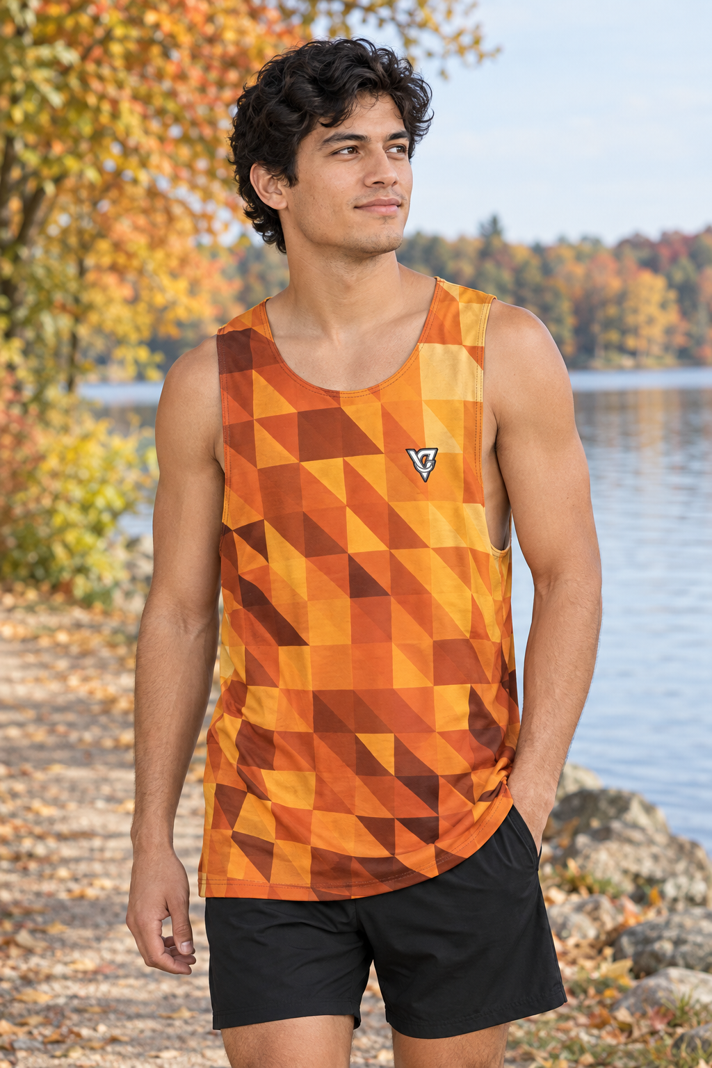 Golden Hour Low-Poly men's loose athletic tank top worn on a model