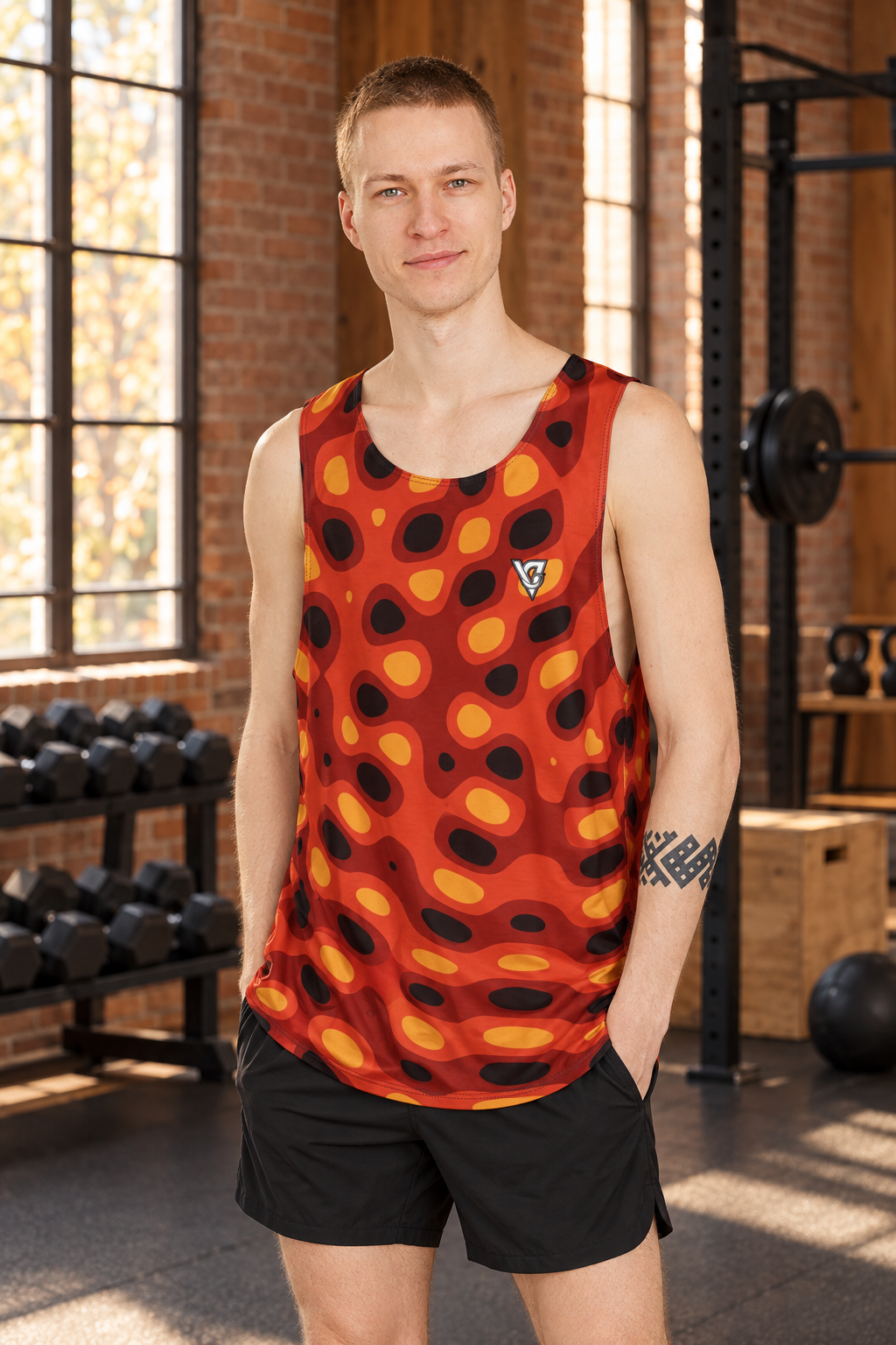 Maple Ripple men's loose athletic tank top worn on a model