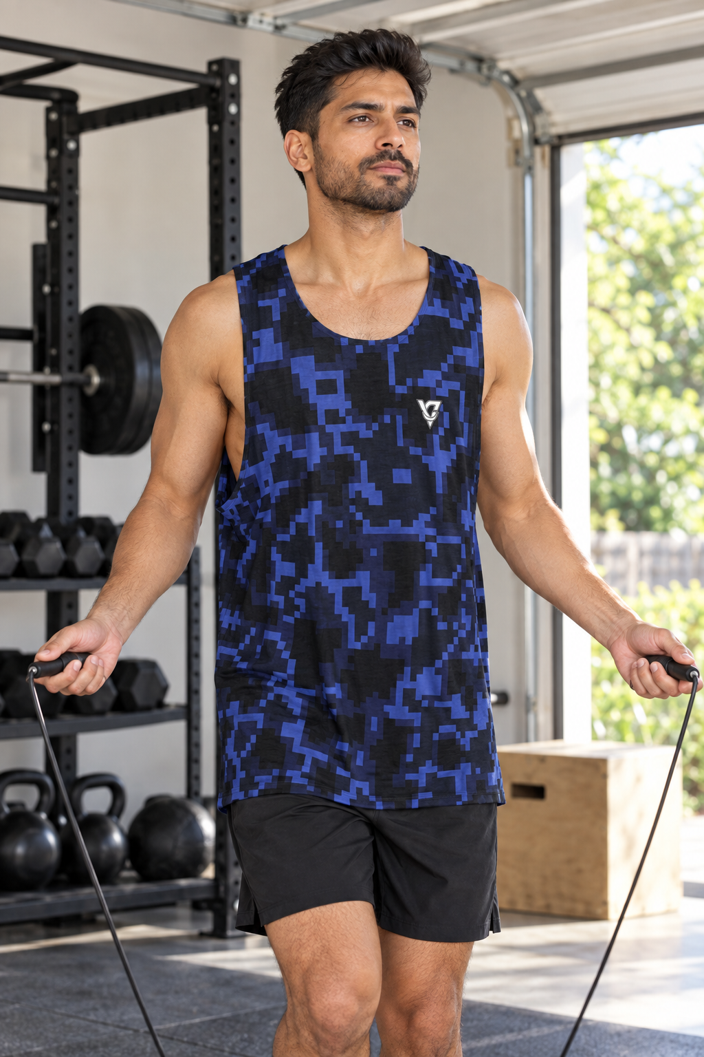 Midnight Digital Camo men's loose athletic tank top worn on a model