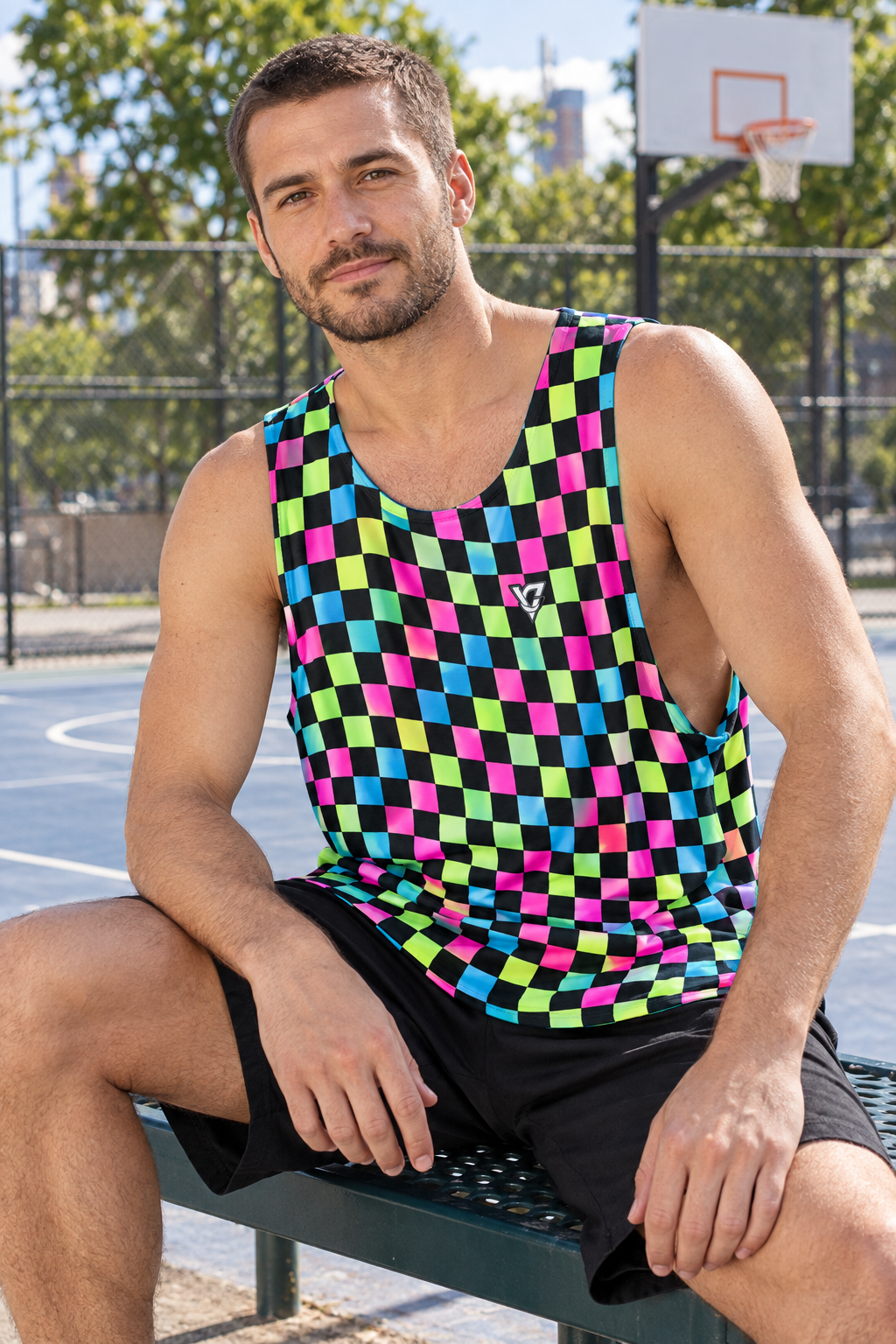 Neon Warp Check men's loose athletic tank top worn on a model