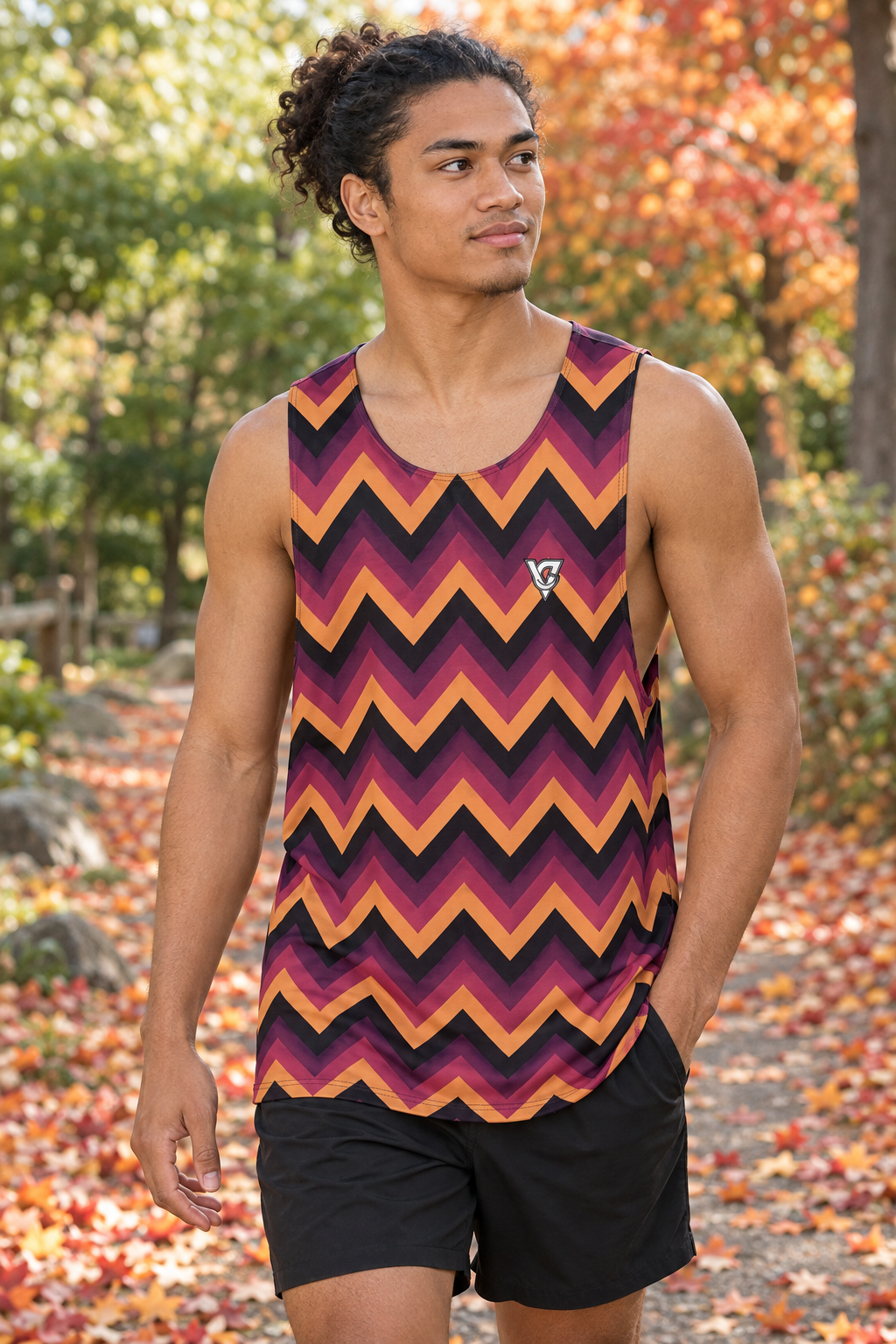 Plum Spice Chevron men's loose athletic tank top worn on a model