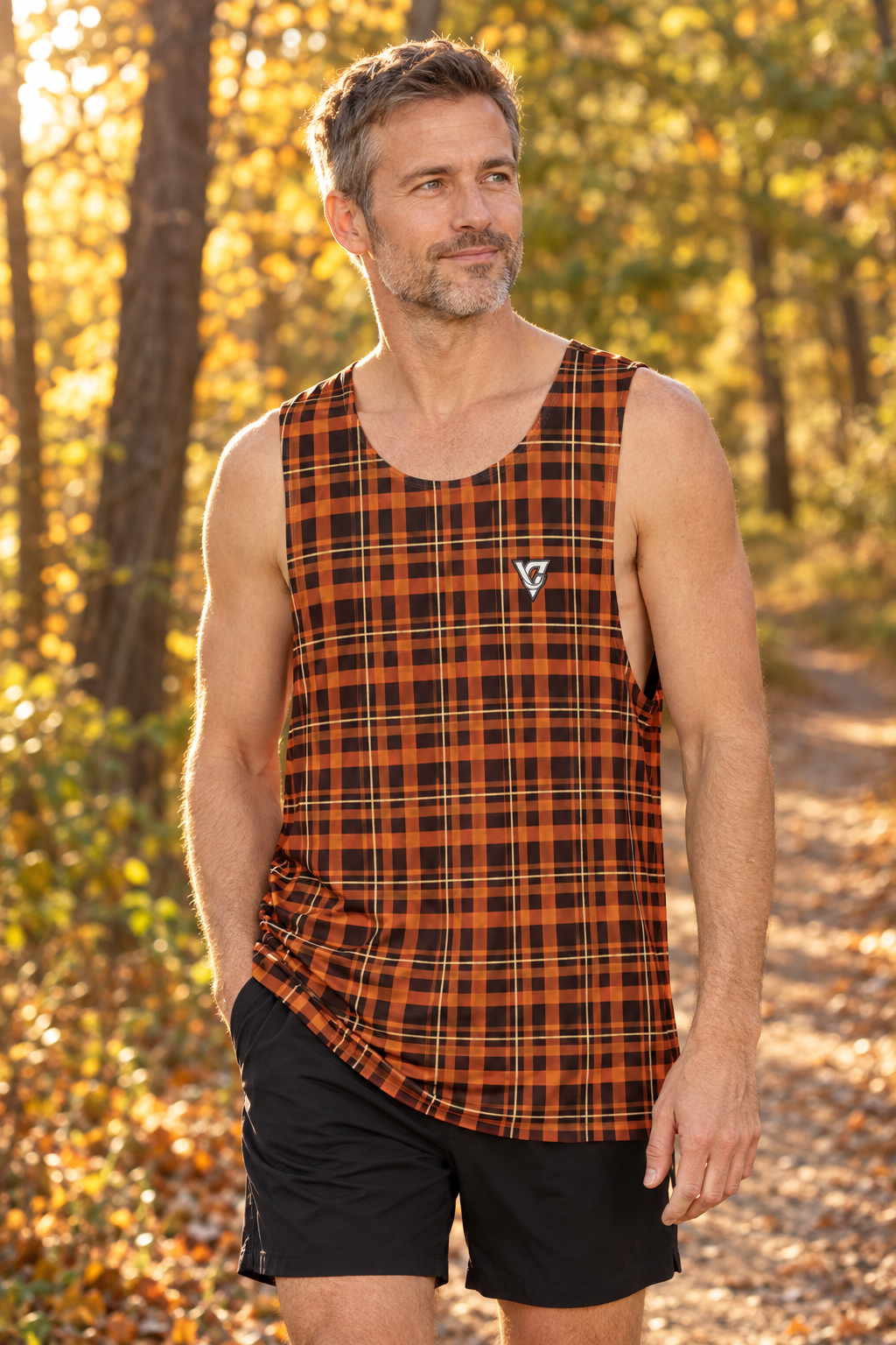 Pumpkin Flannel men's loose athletic tank top worn on a model