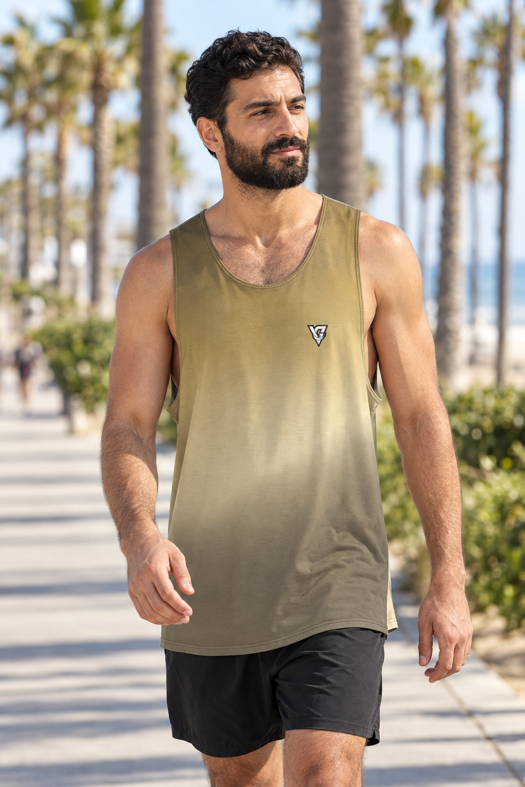 Sandstorm Ombre men's loose athletic tank top worn on a model