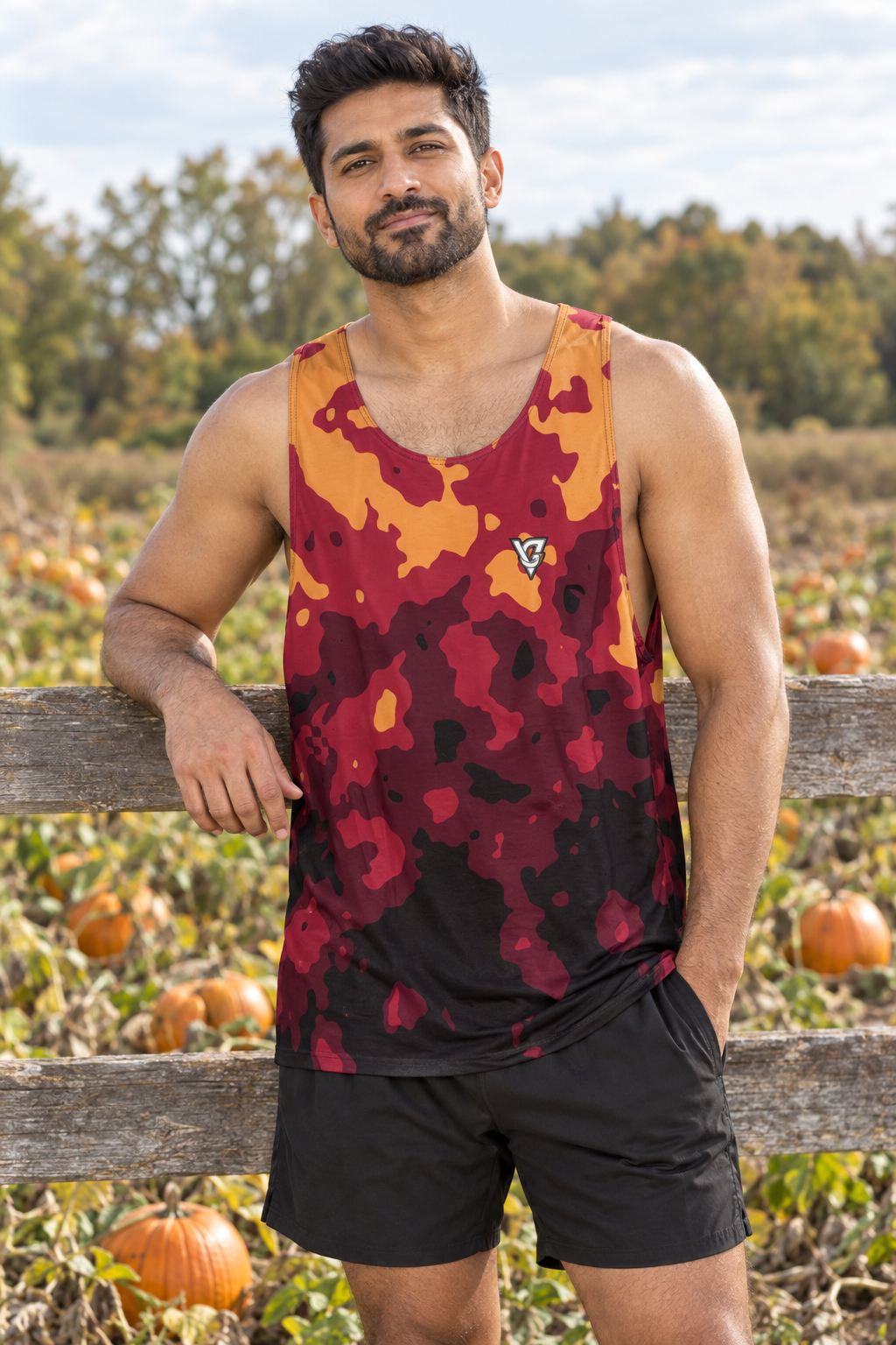 Spiced Wine Magma men's loose athletic tank top worn on a model