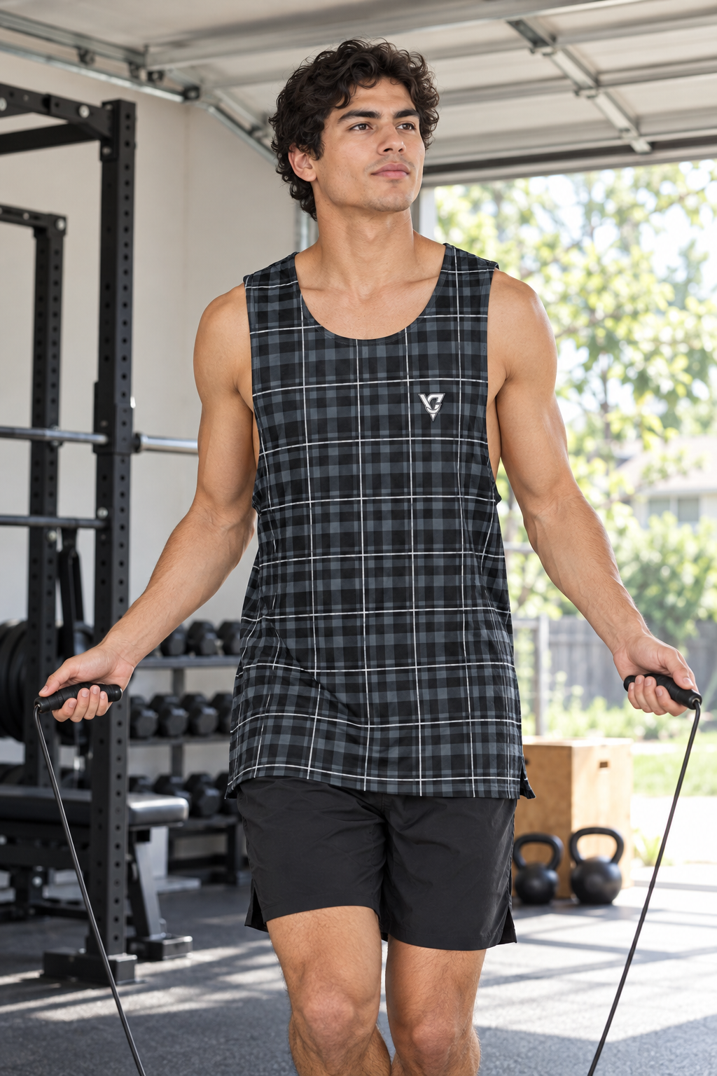 Steel Plaid men's loose athletic tank top worn on a model