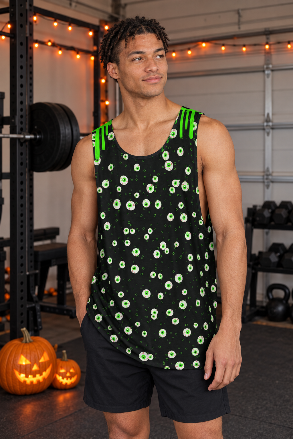 Halloween Toxic Slime Drip men's loose athletic tank top worn on a model