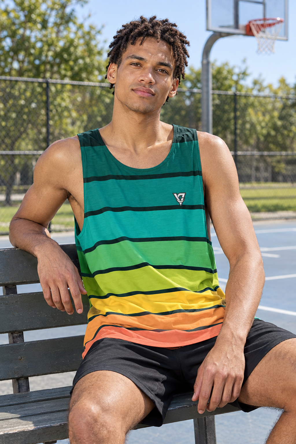 Tropic Horizon men's loose athletic tank top worn on a model