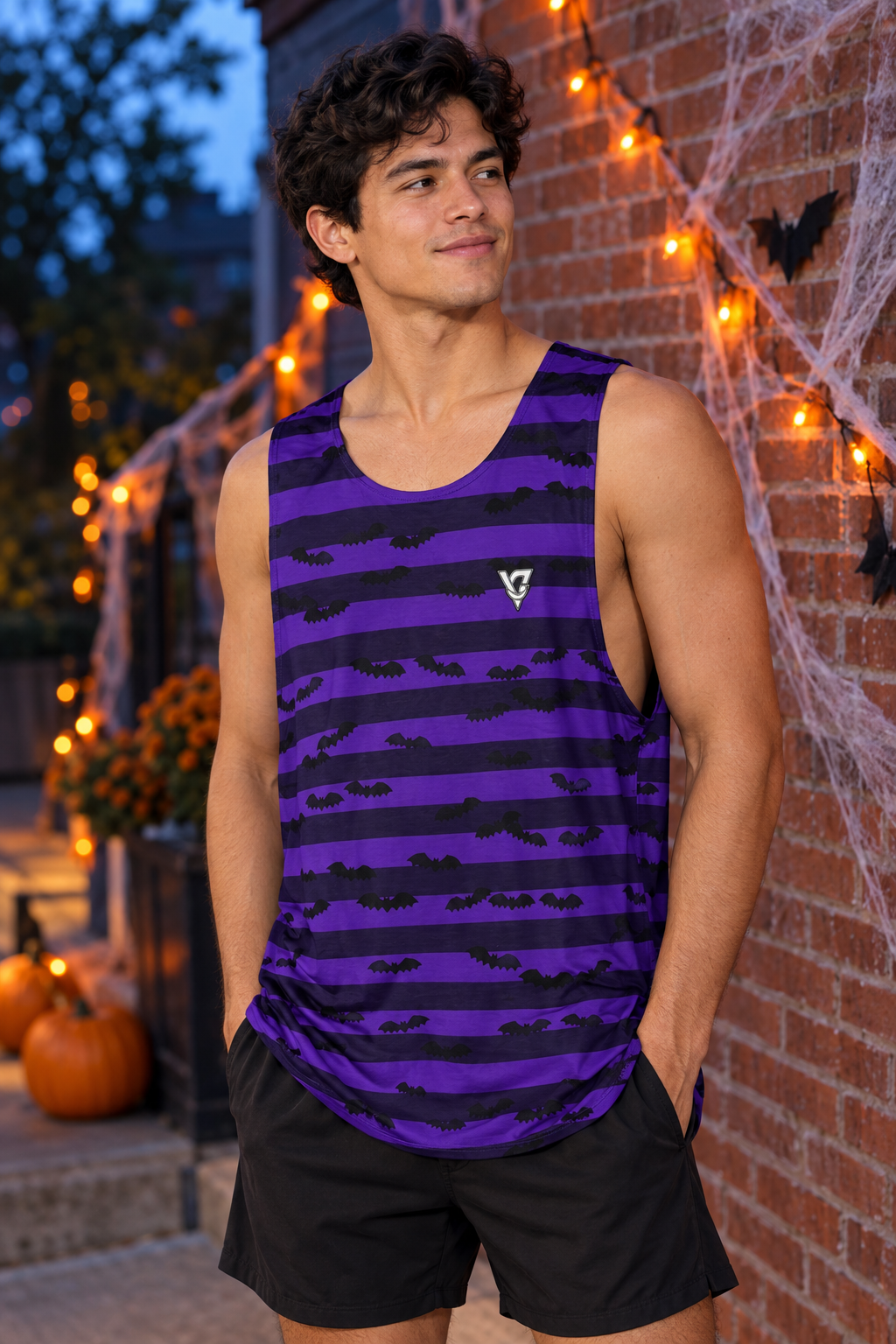 Halloween Witching Purple Bat Stripe men's loose athletic tank top worn on a model