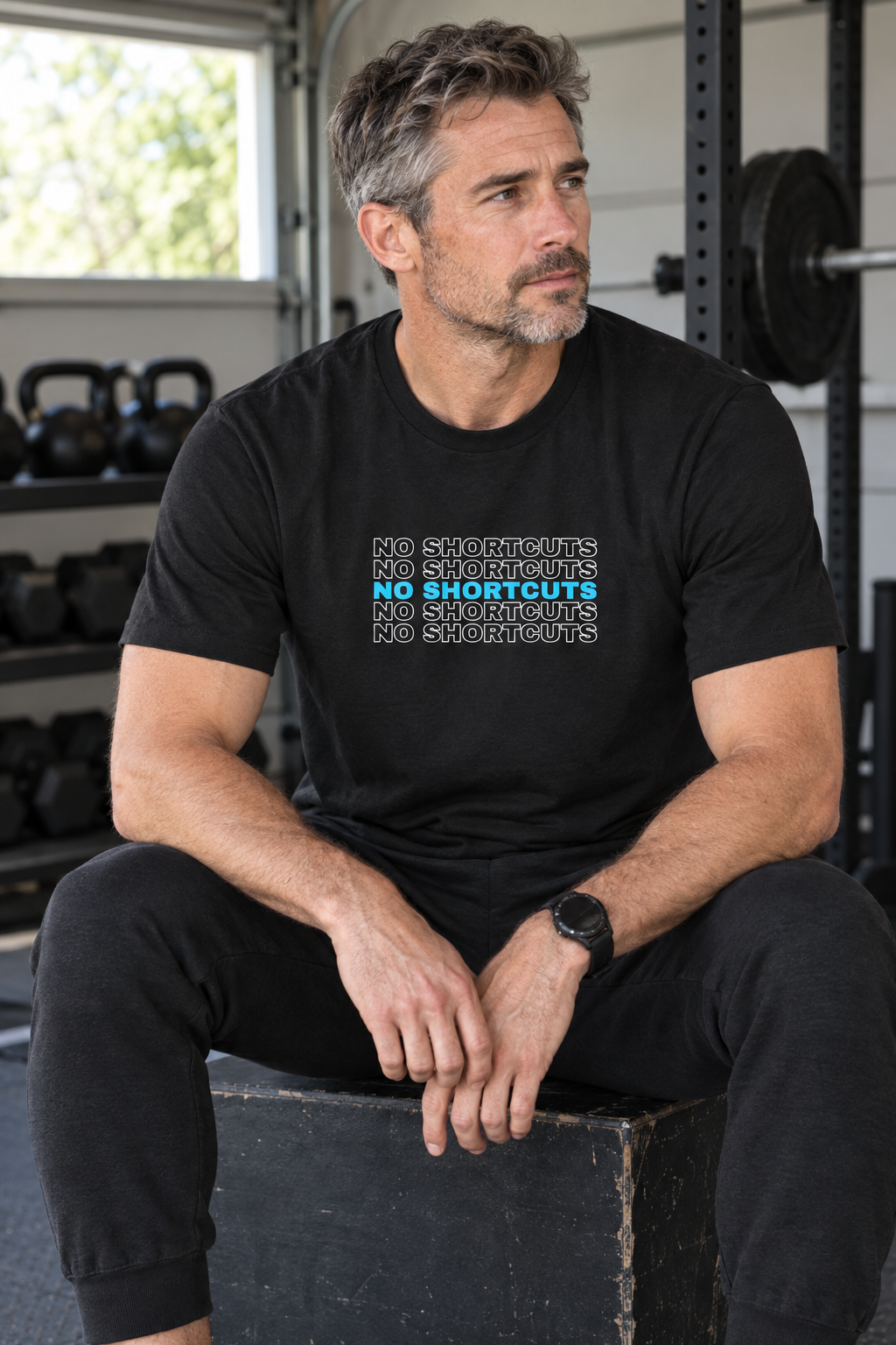 No Shortcuts men's heavy cotton crew-neck t-shirt worn on a model