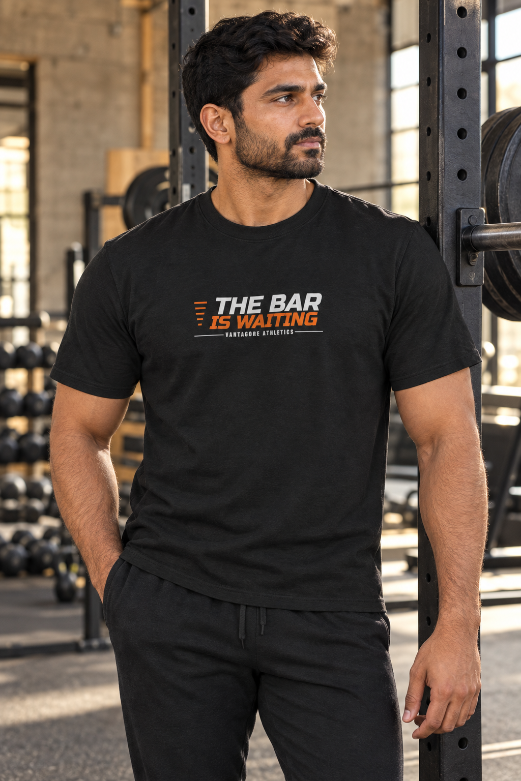 The Bar Is Waiting men's heavy cotton crew-neck t-shirt worn on a model