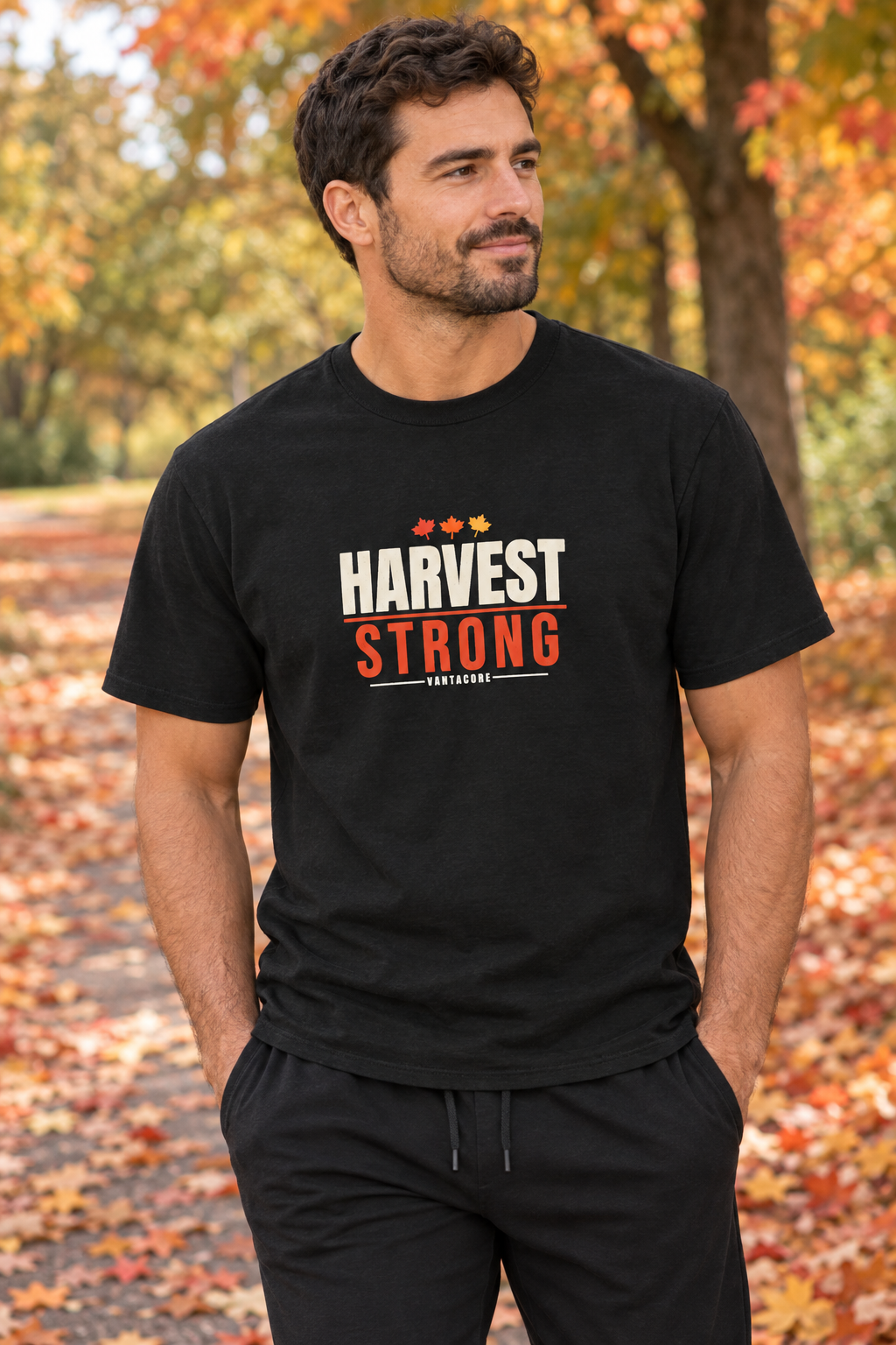 Harvest Strong men's heavy cotton crew-neck t-shirt worn on a model