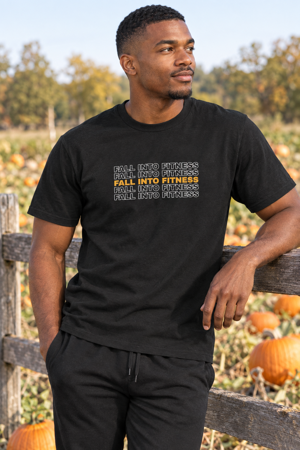 Fall Into Fitness men's heavy cotton crew-neck t-shirt worn on a model