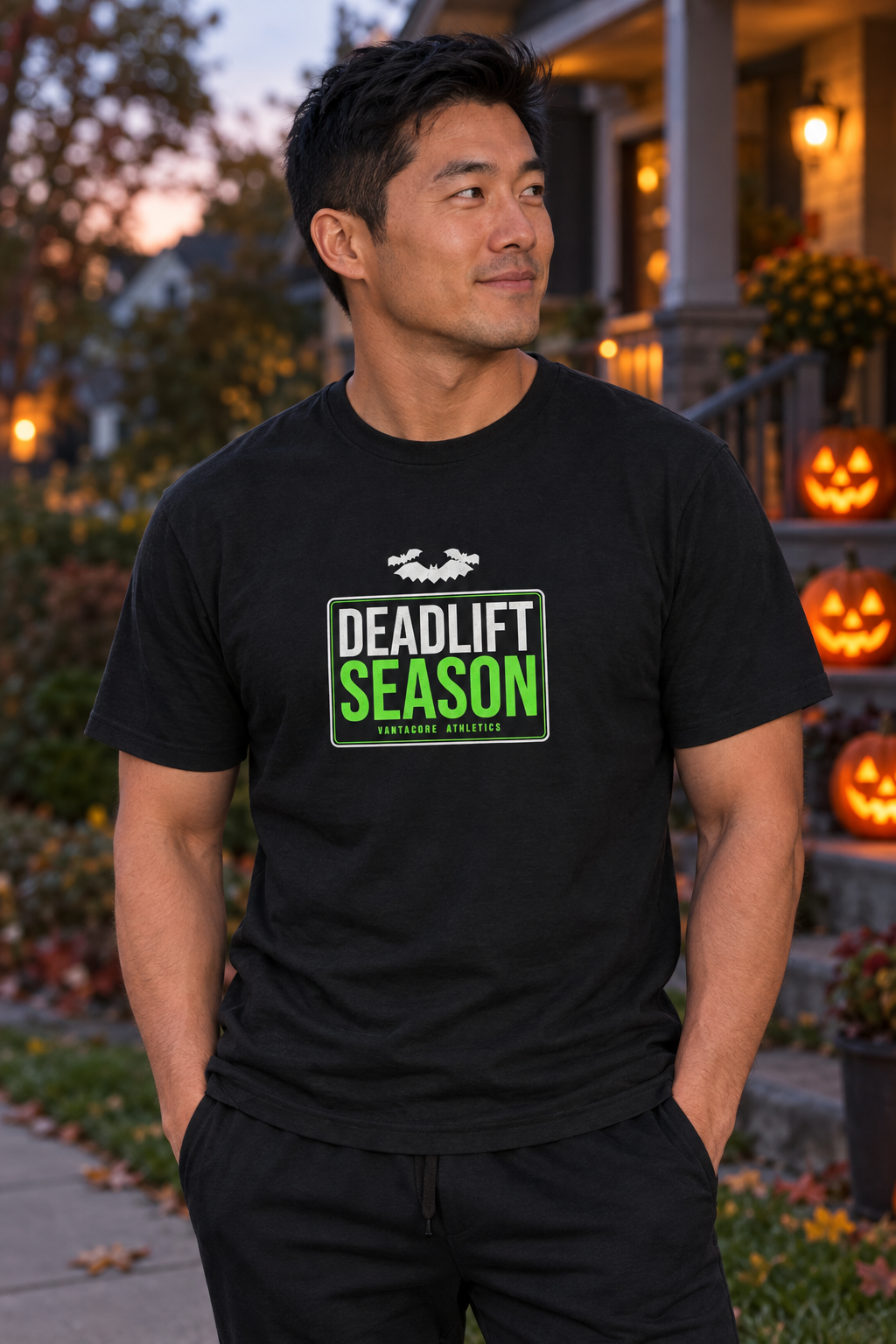 Deadlift Season Halloween men's heavy cotton crew-neck t-shirt worn on a model