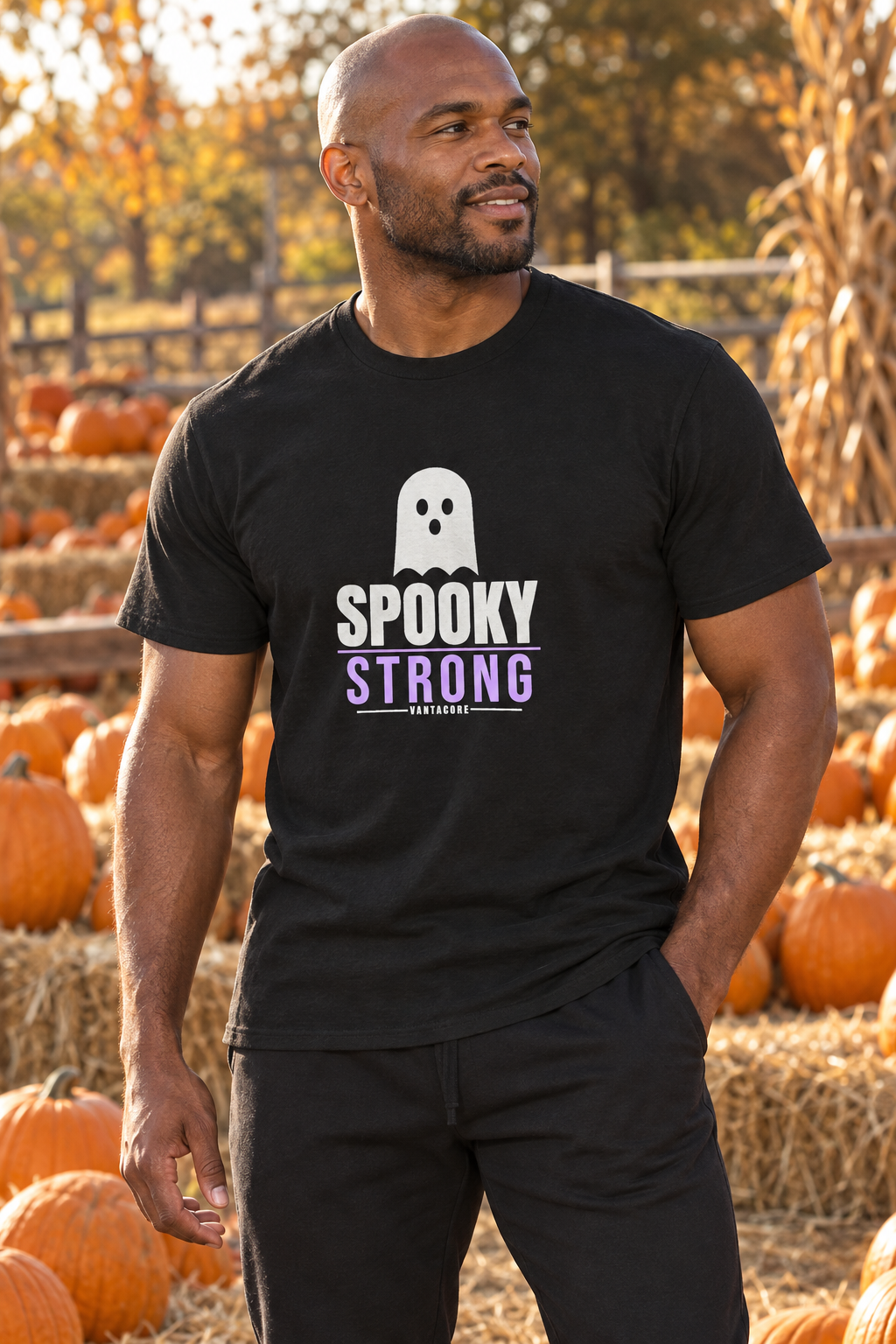 Spooky Strong Halloween men's heavy cotton crew-neck t-shirt worn on a model