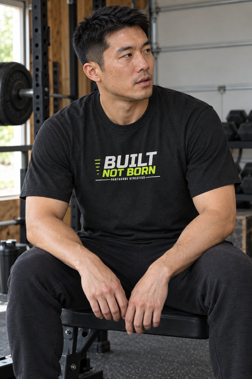 Built Not Born men's heavy cotton crew-neck t-shirt worn on a model