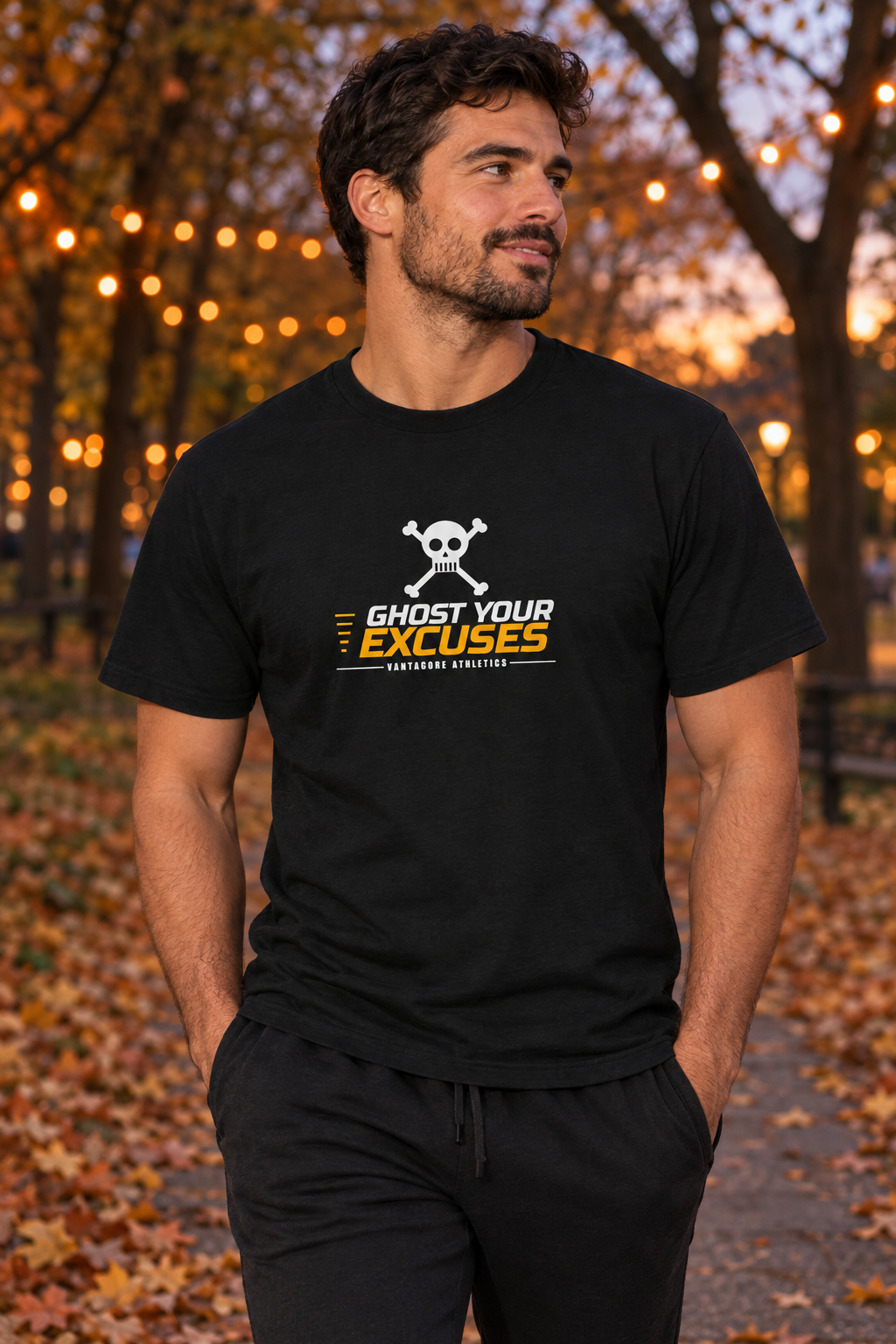 Ghost Your Excuses Halloween men's heavy cotton crew-neck t-shirt worn on a model