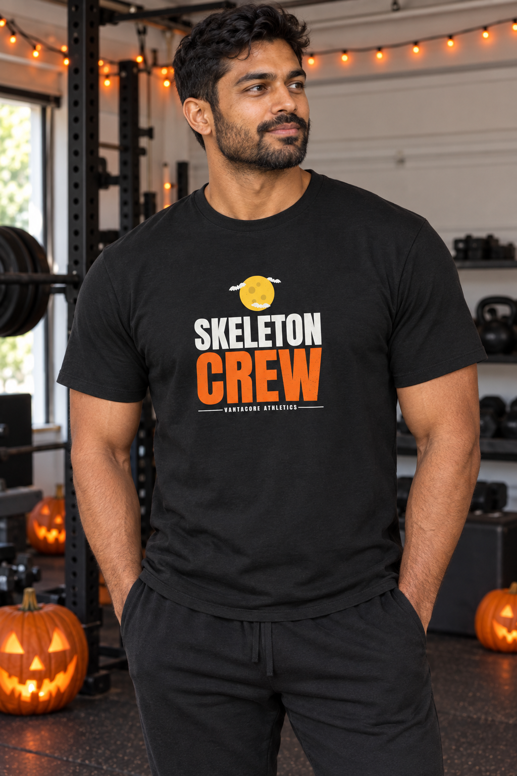 Skeleton Crew Halloween men's heavy cotton crew-neck t-shirt worn on a model