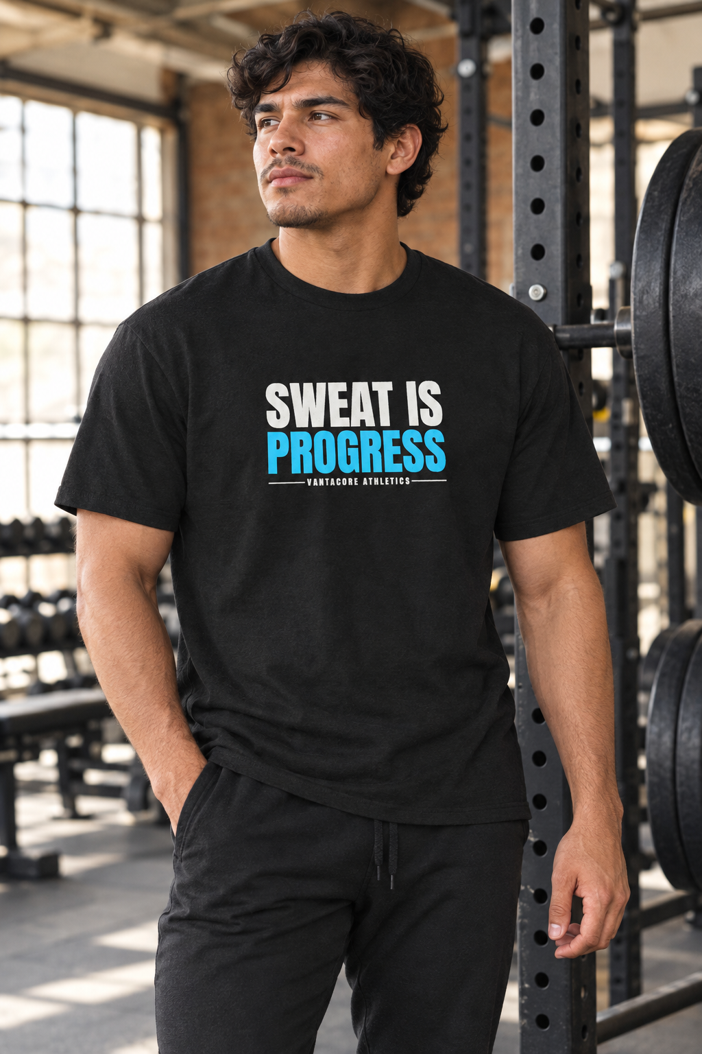Sweat Is Progress men's heavy cotton crew-neck t-shirt worn on a model