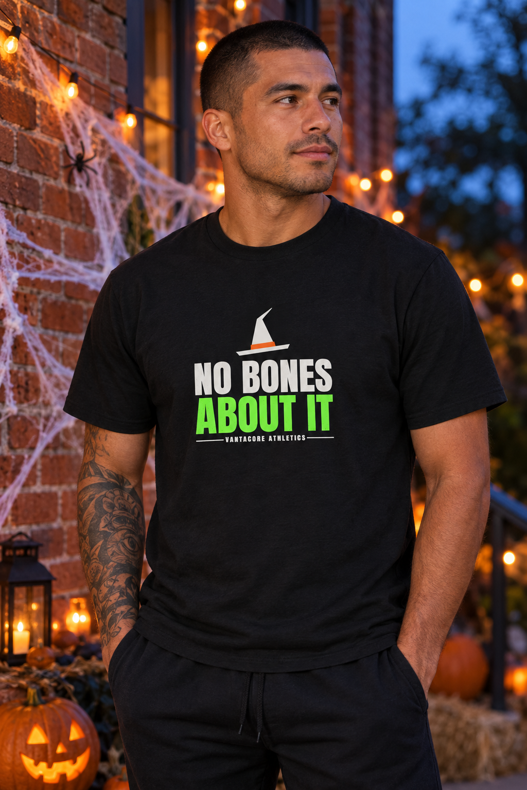 No Bones About It Halloween men's heavy cotton crew-neck t-shirt worn on a model