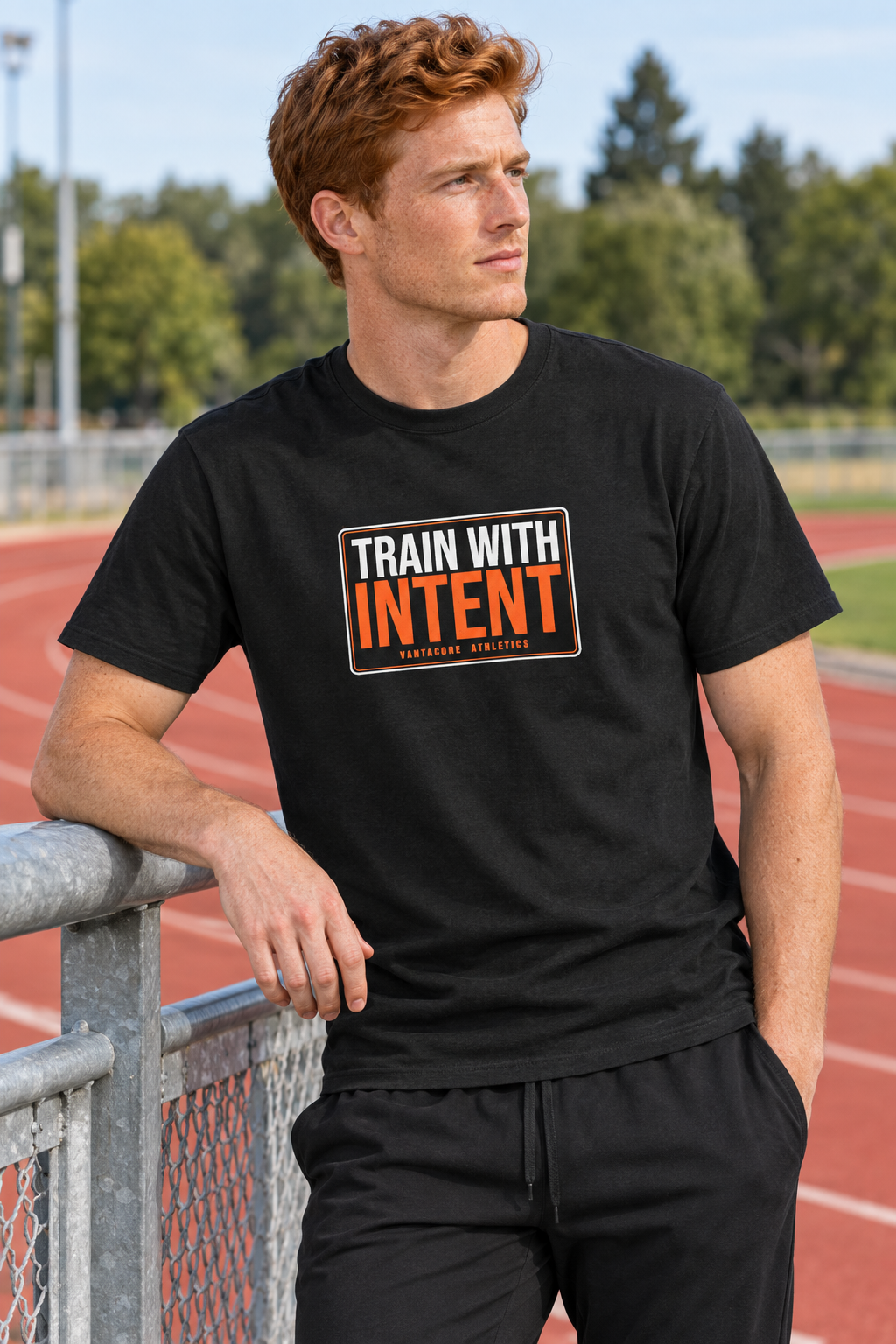 Train With Intent men's heavy cotton crew-neck t-shirt worn on a model