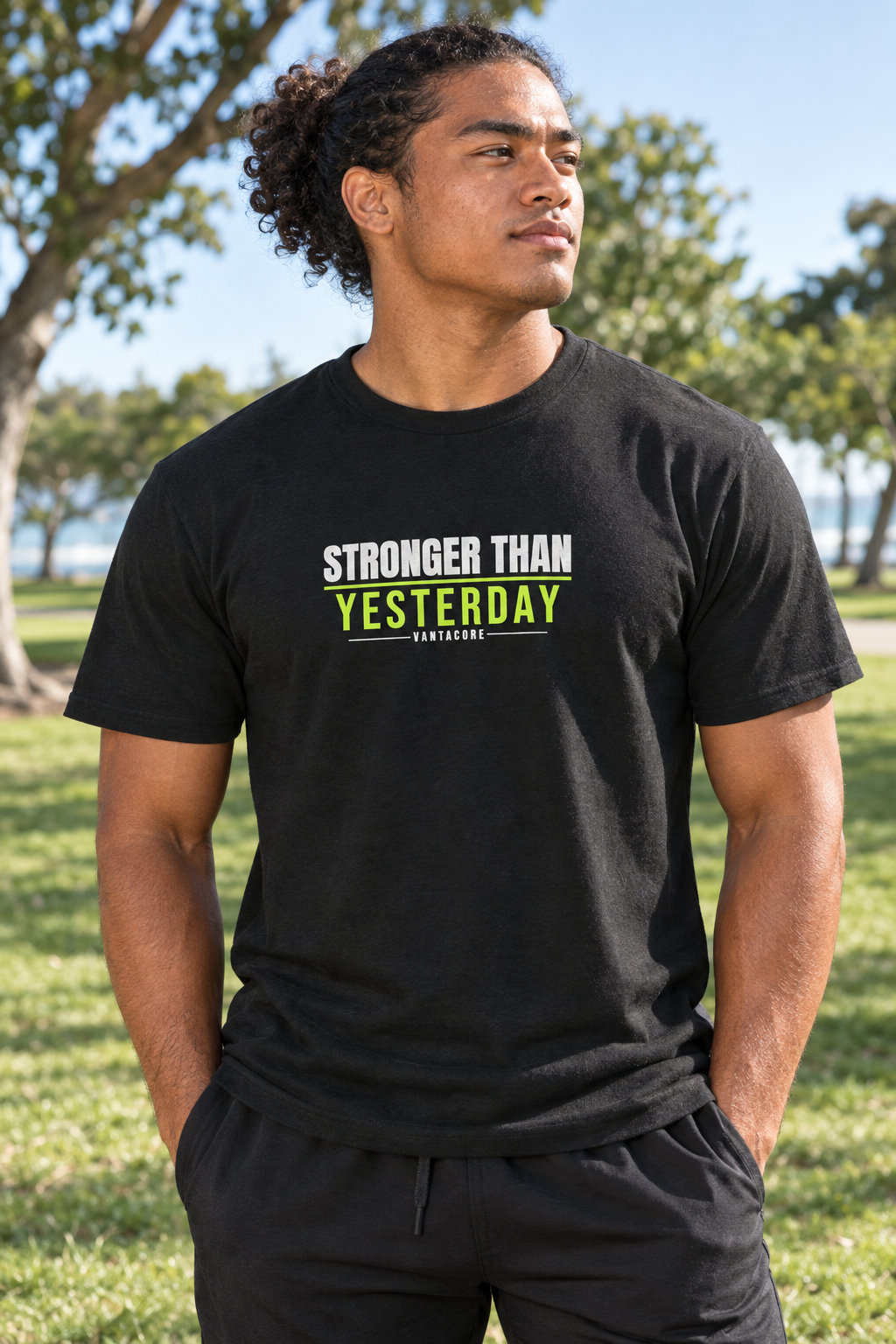 Stronger Than Yesterday men's heavy cotton crew-neck t-shirt worn on a model