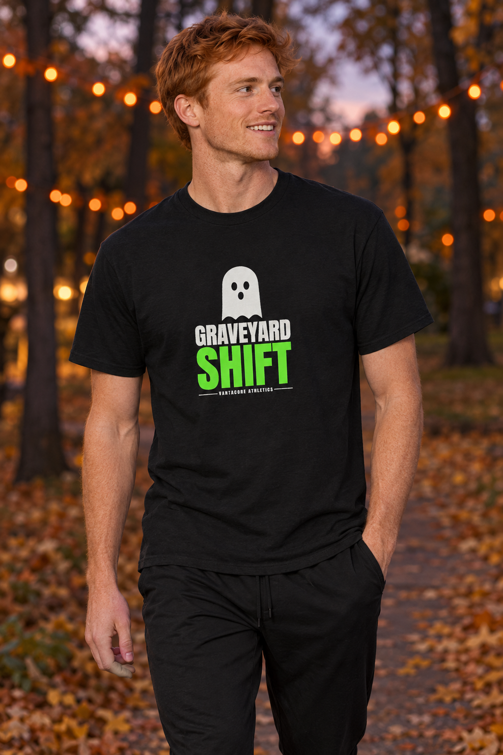 Graveyard Shift Halloween men's heavy cotton crew-neck t-shirt worn on a model