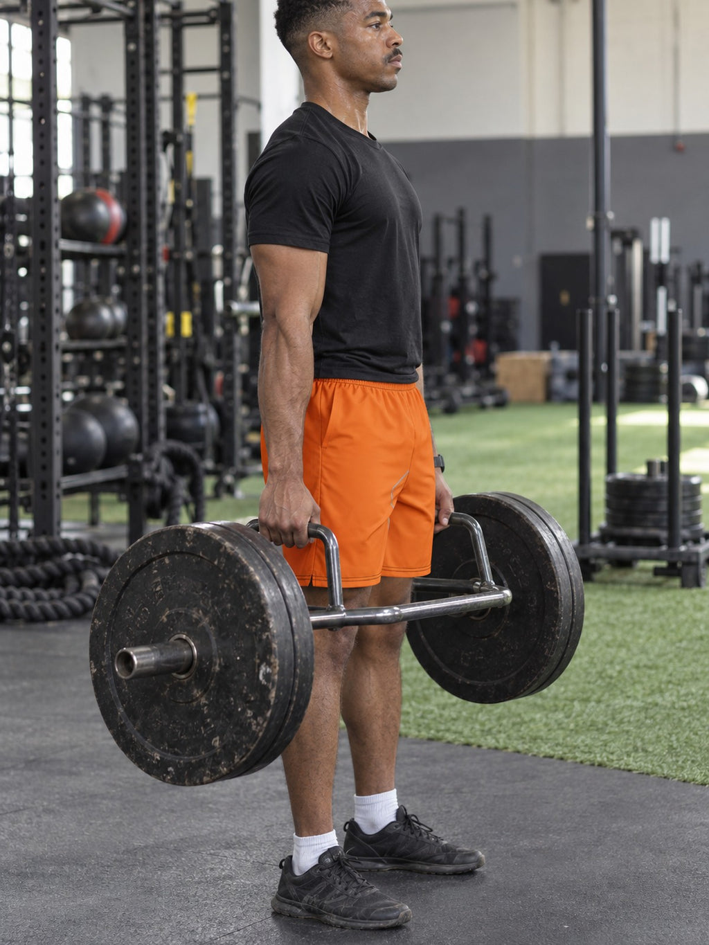 Men's Blaze Orange Essential Athletic Multipurpose Shorts – gym training, side view