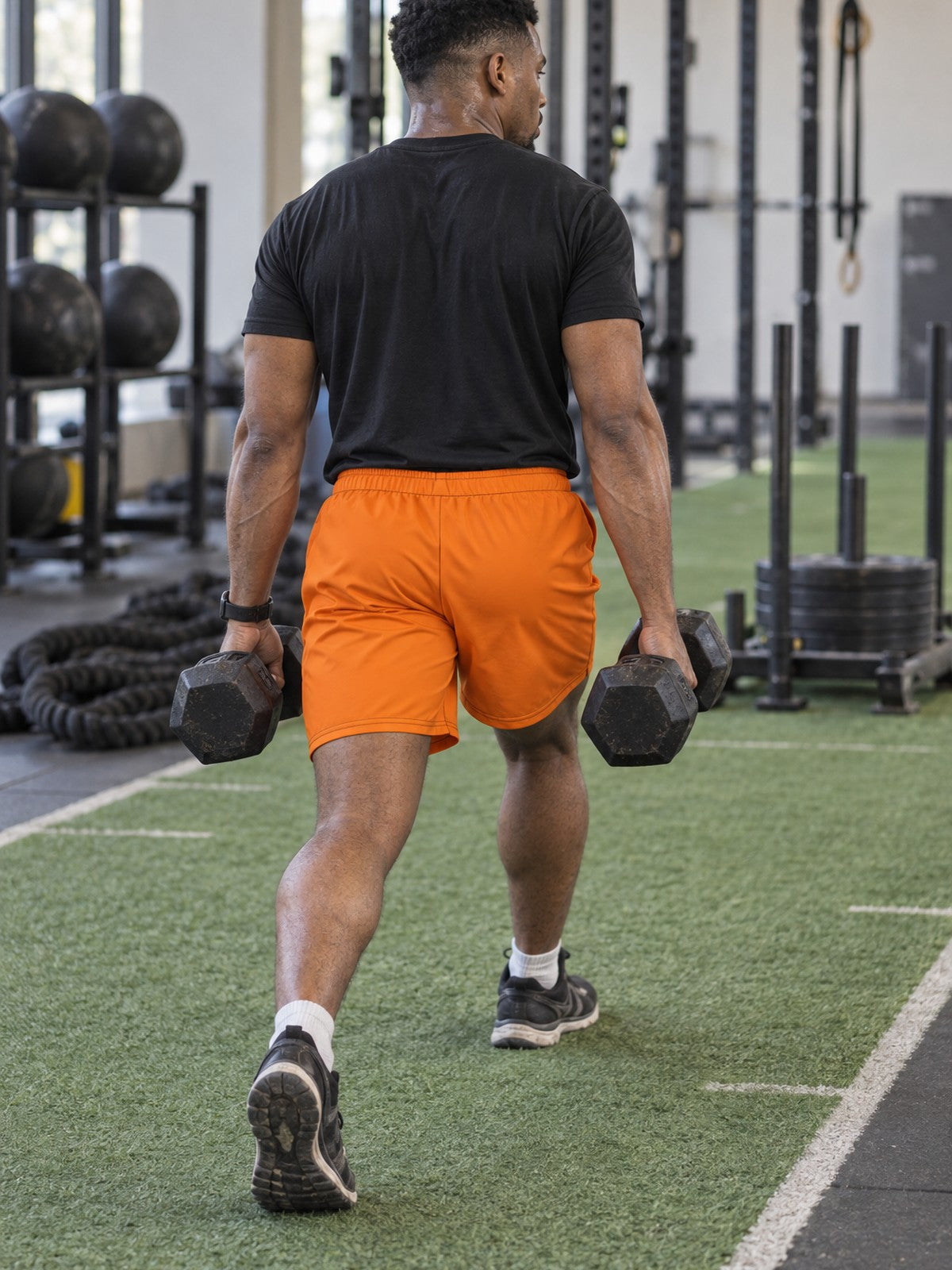 Men's Blaze Orange Essential Athletic Multipurpose Shorts – gym training, rear view
