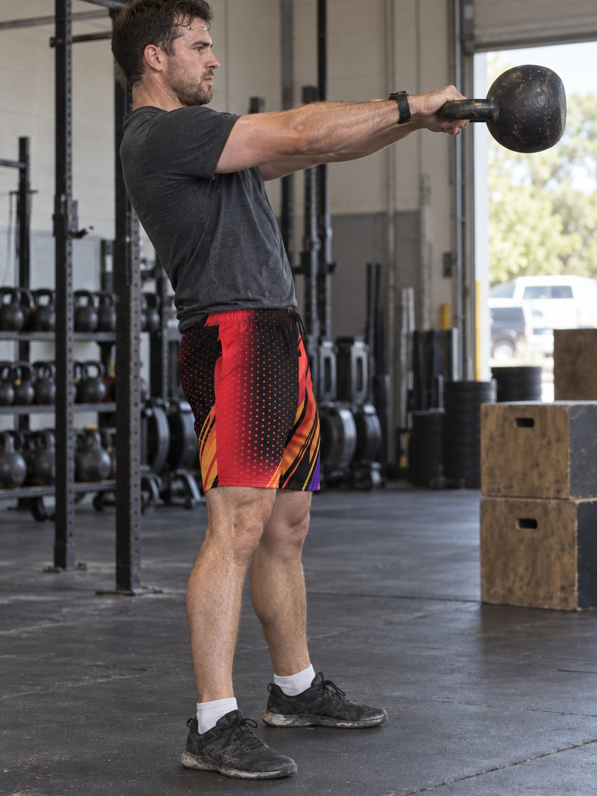 Men's Crimson Ember Athletic Multipurpose Shorts – gym training, side view