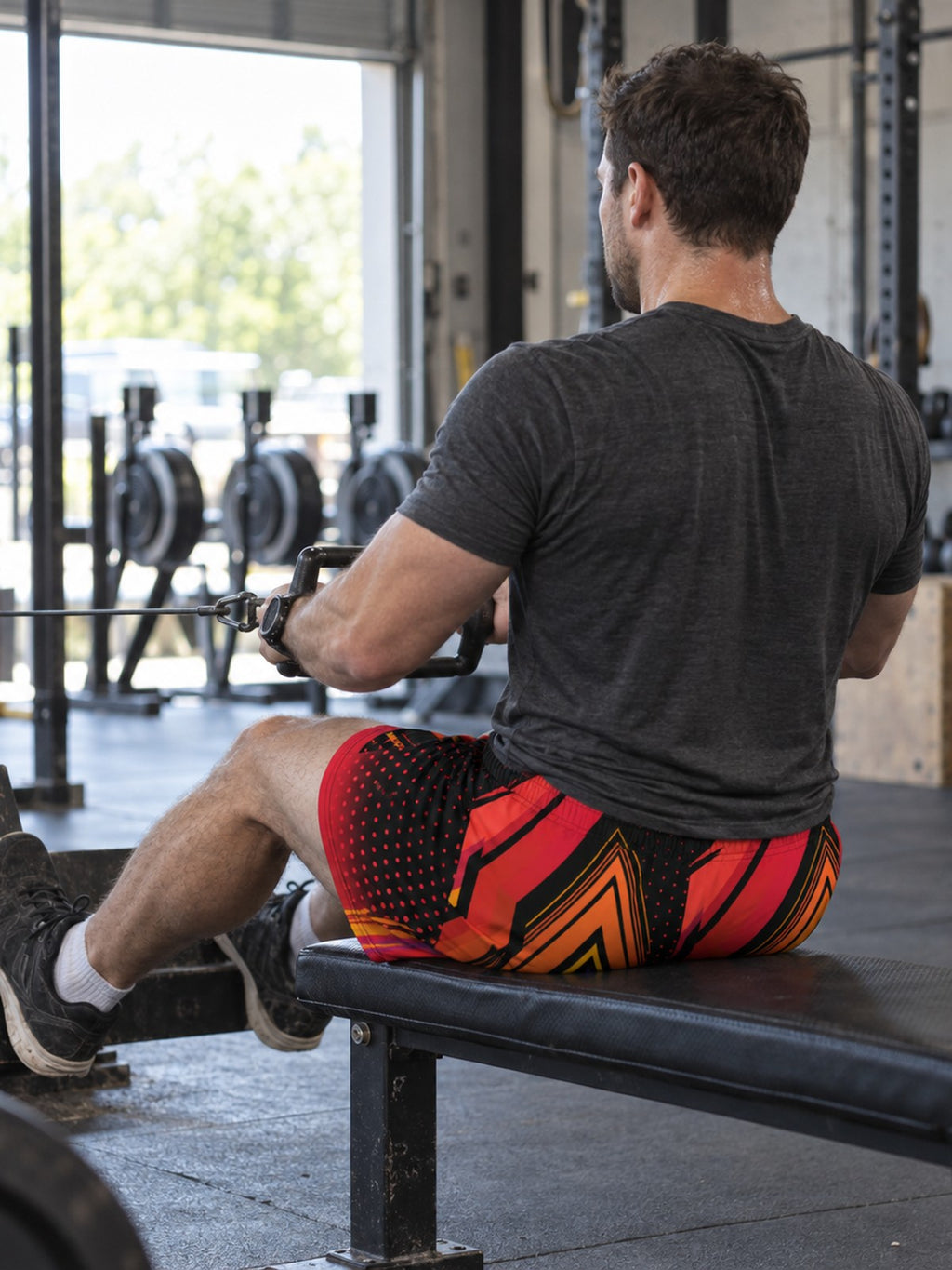 Men's Crimson Ember Athletic Multipurpose Shorts – gym training, rear view