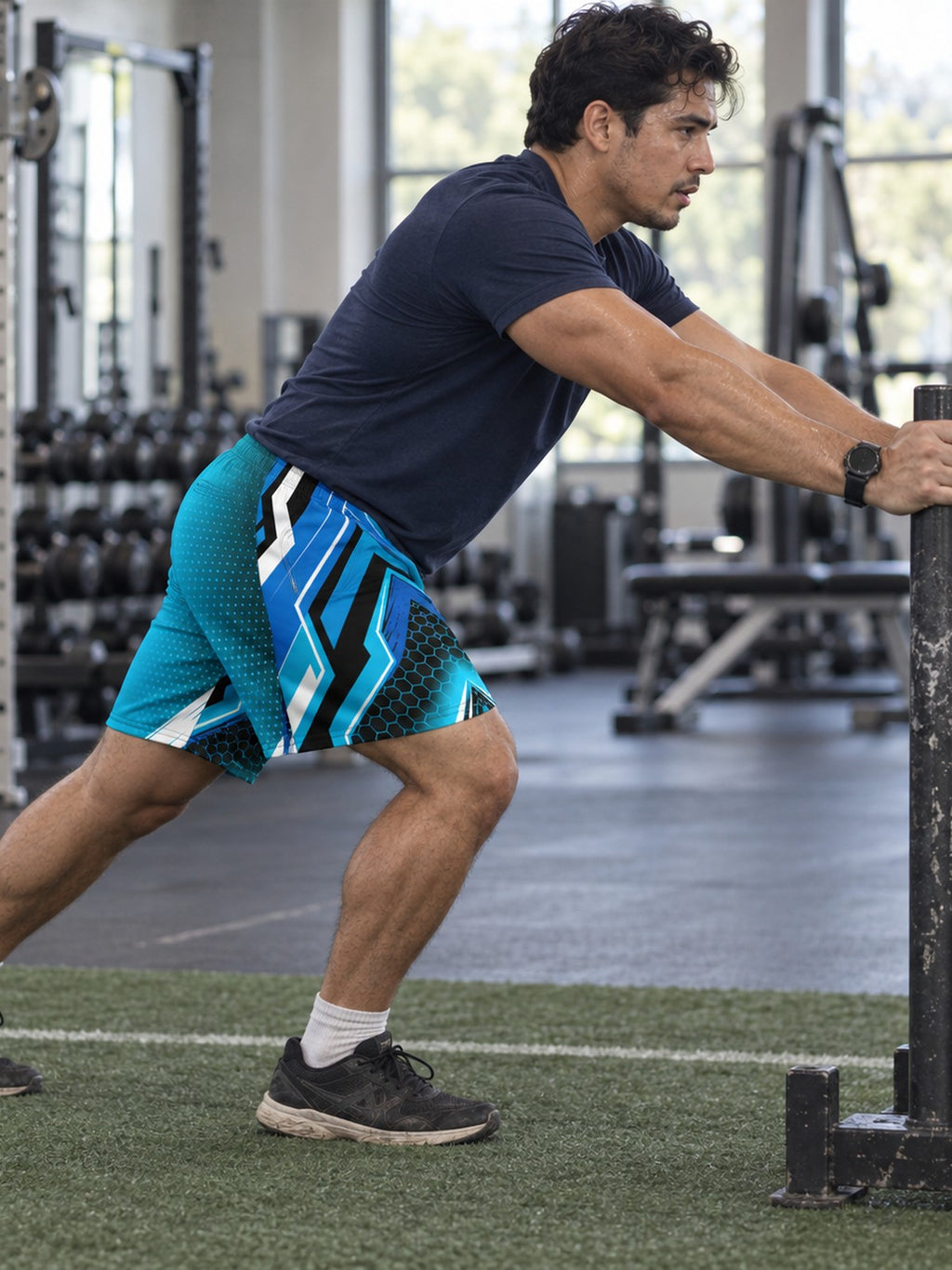 Men's Electric Cyan Velocity Athletic Multipurpose Shorts – gym training, side view