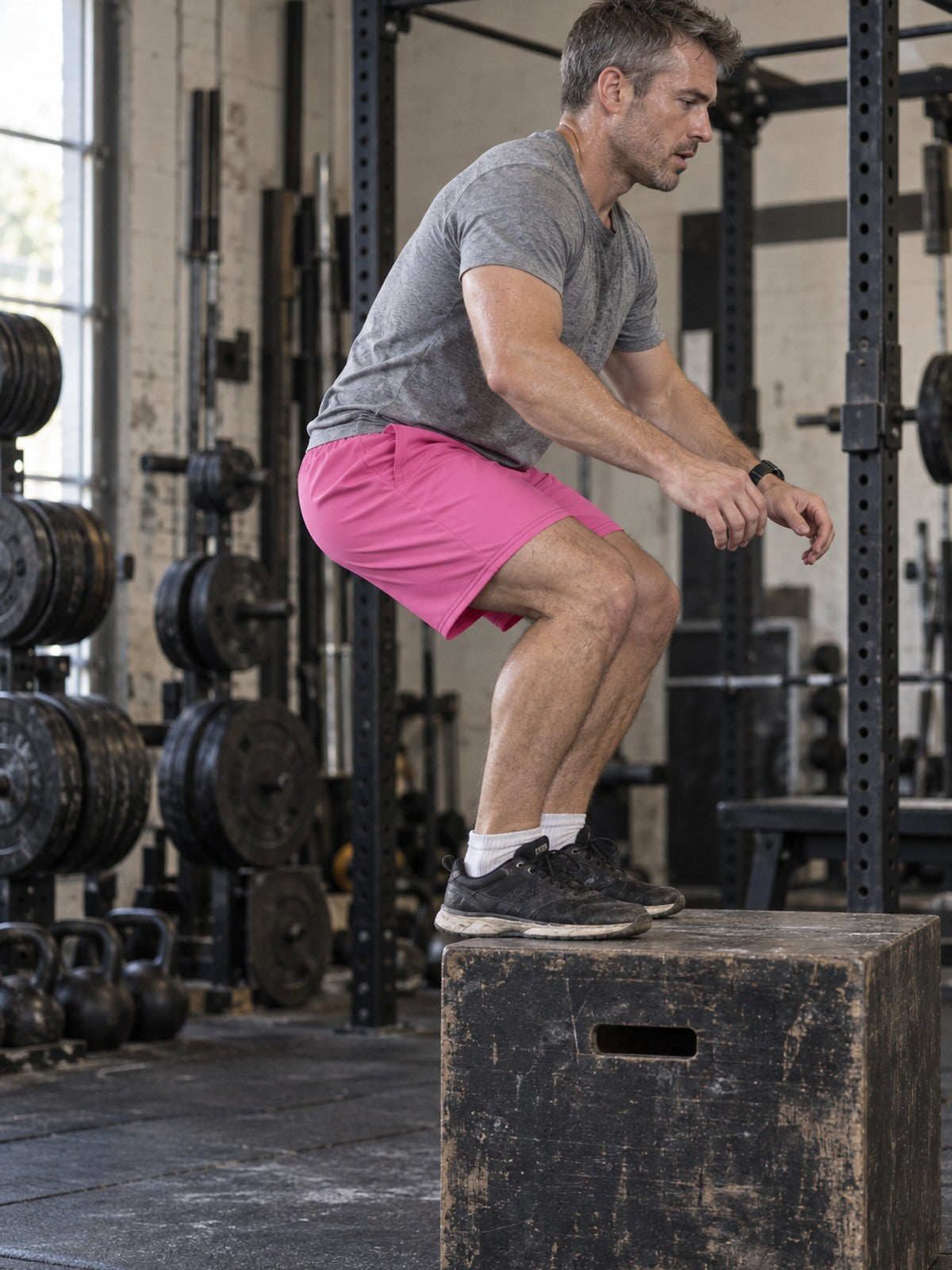 Men's Electric Pink Essential Athletic Multipurpose Shorts – gym training, side view