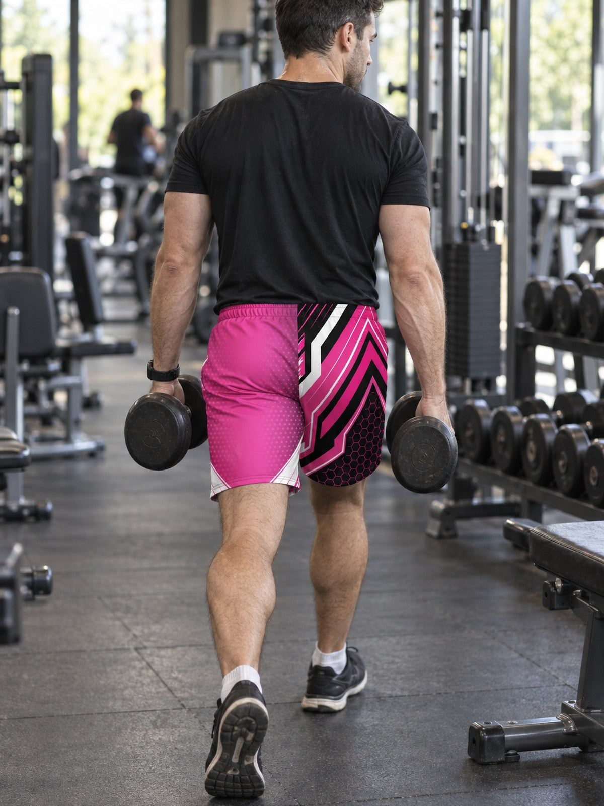 Men's Neon Fusion Hex Athletic Multipurpose Shorts – gym training, rear view