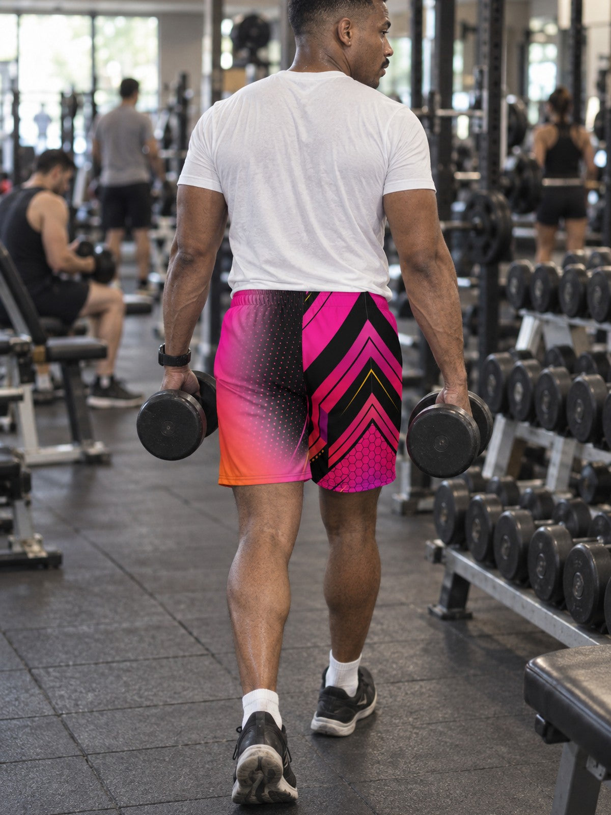 Men's Neon Magenta Inferno Athletic Multipurpose Shorts – gym training, rear view