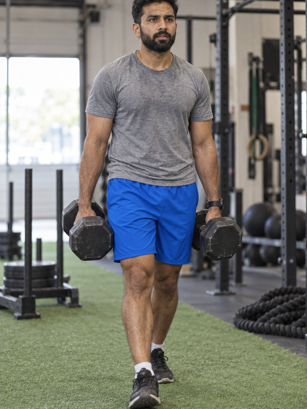 Men's Royal Blue Essential Athletic Multipurpose Shorts – gym training, front view