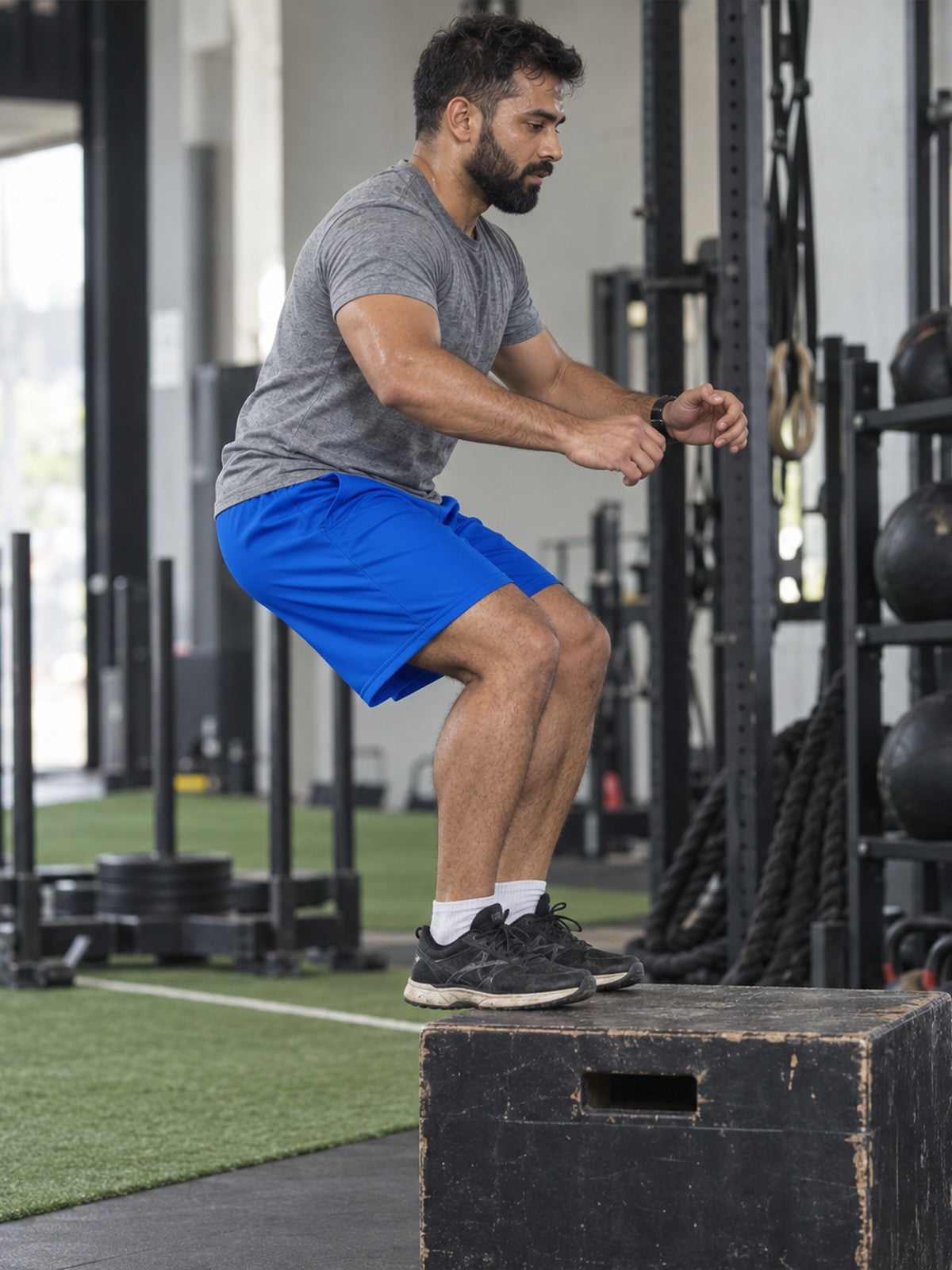 Men's Royal Blue Essential Athletic Multipurpose Shorts – gym training, side view